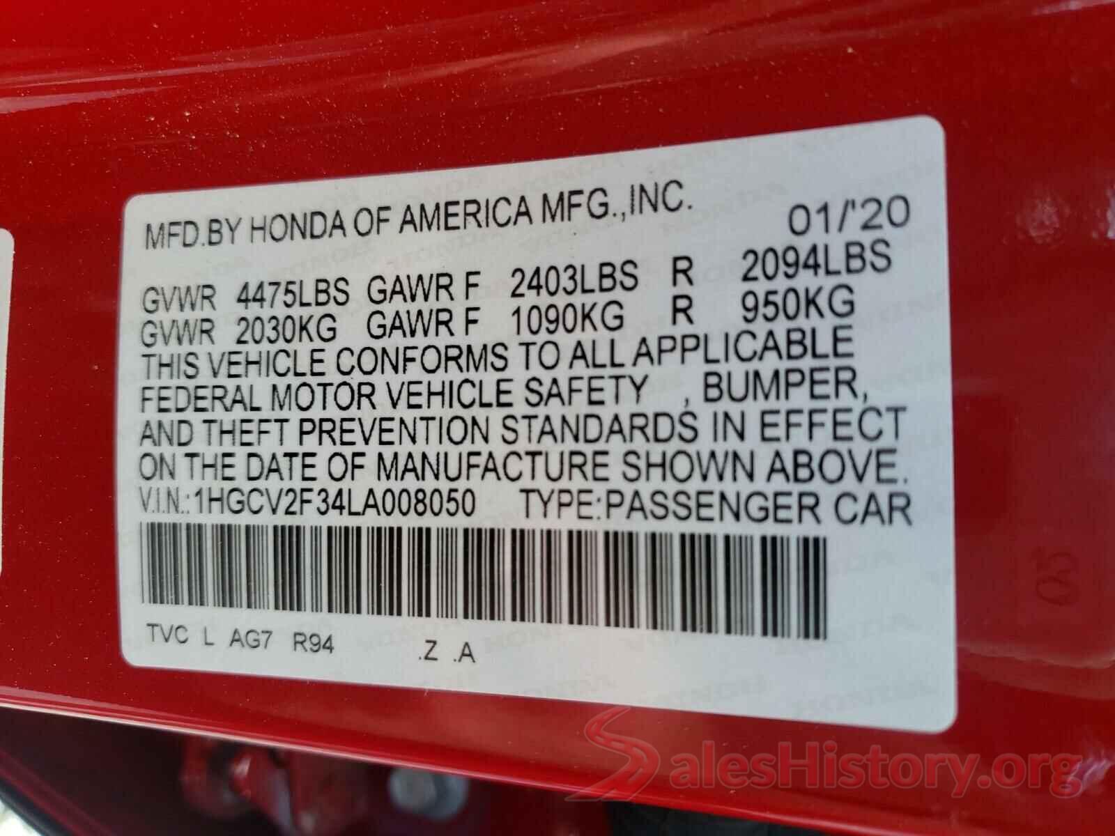 1HGCV2F34LA008050 2020 HONDA ACCORD