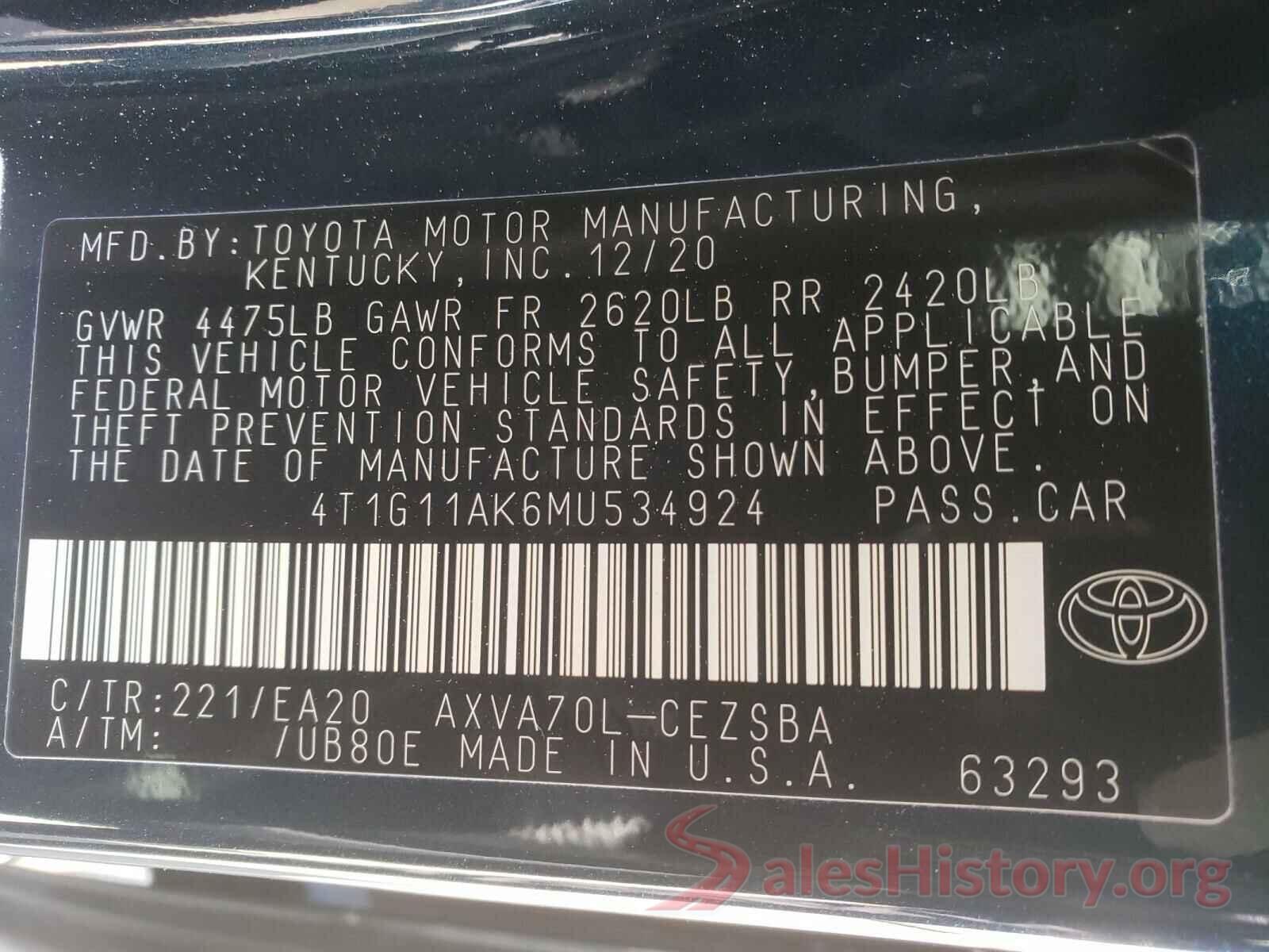 4T1G11AK6MU534924 2021 TOYOTA CAMRY