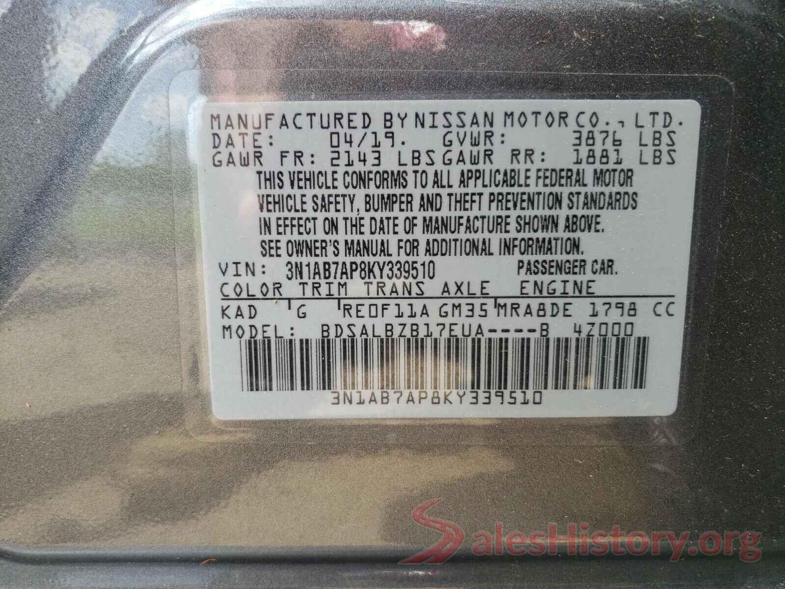 3N1AB7AP8KY339510 2019 NISSAN SENTRA