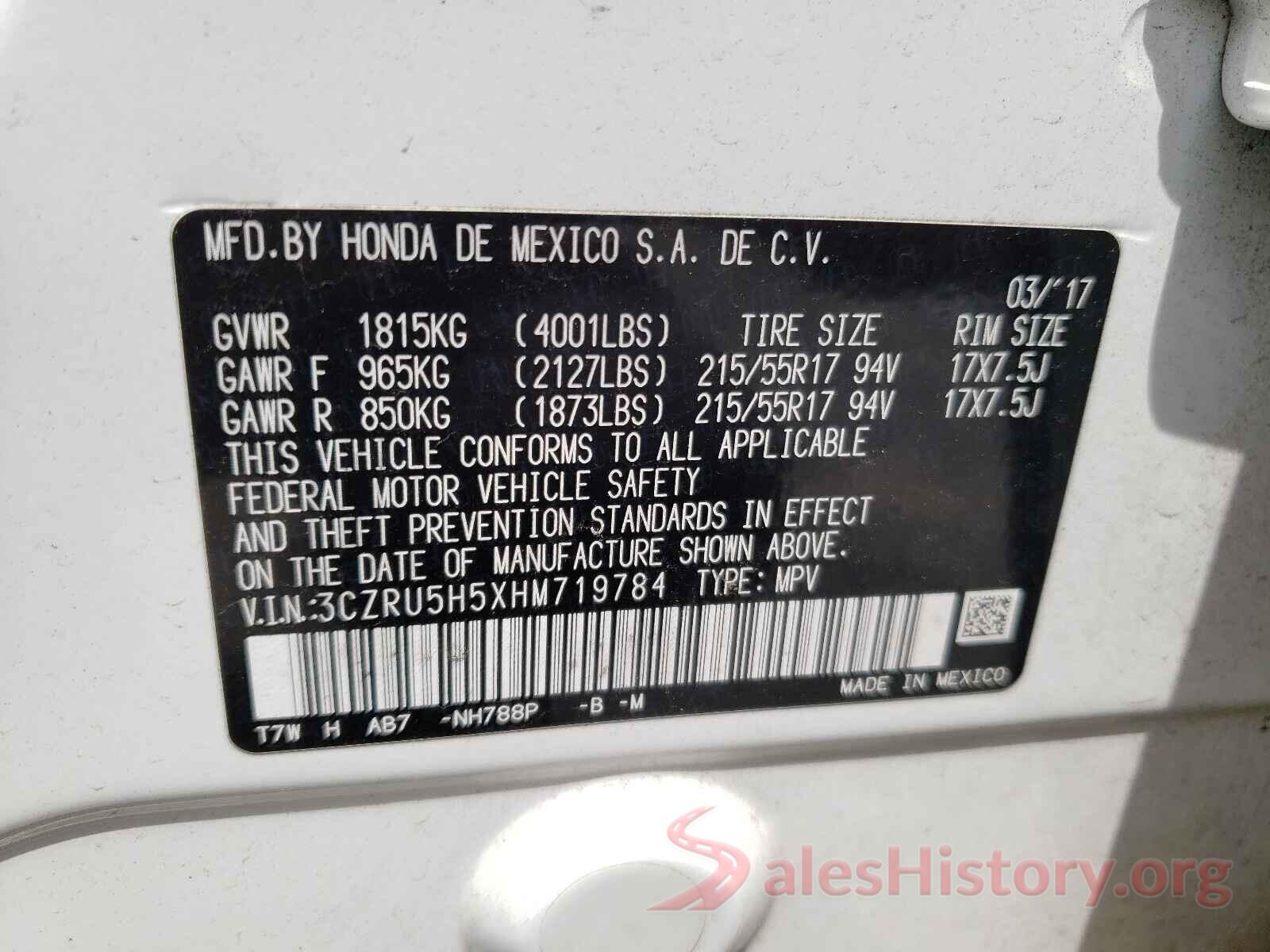 3CZRU5H5XHM719784 2017 HONDA HR-V