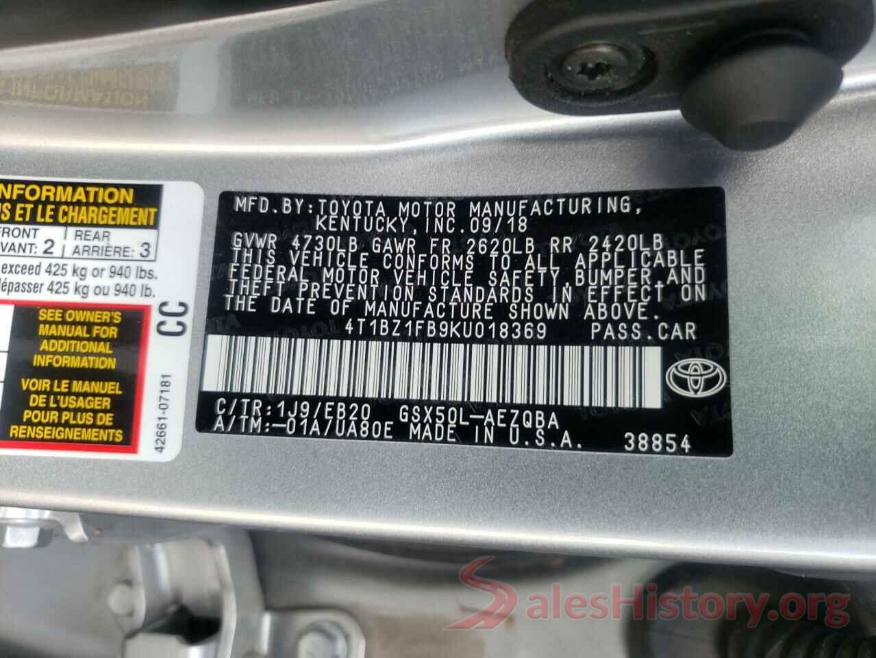 4T1BZ1FB9KU018369 2019 TOYOTA AVALON