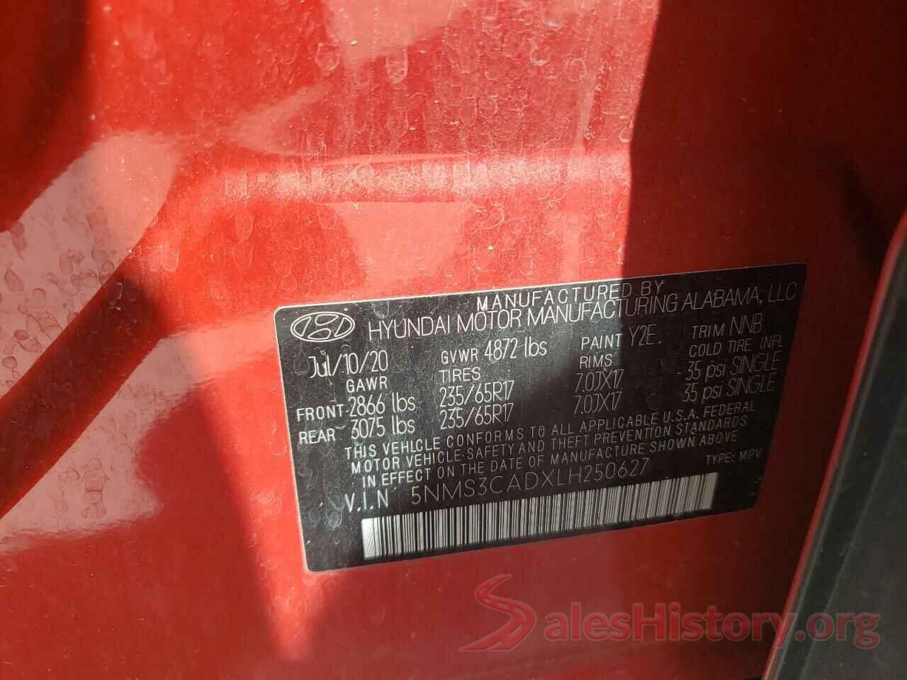 5NMS3CADXLH250627 2020 HYUNDAI SANTA FE