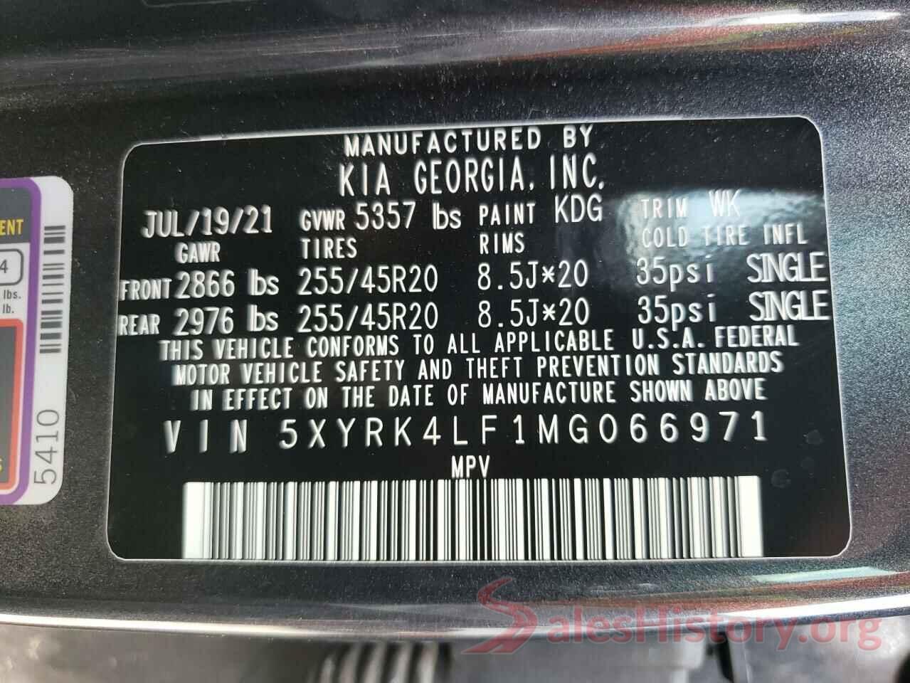 5XYRK4LF1MG066971 2021 KIA SORENTO