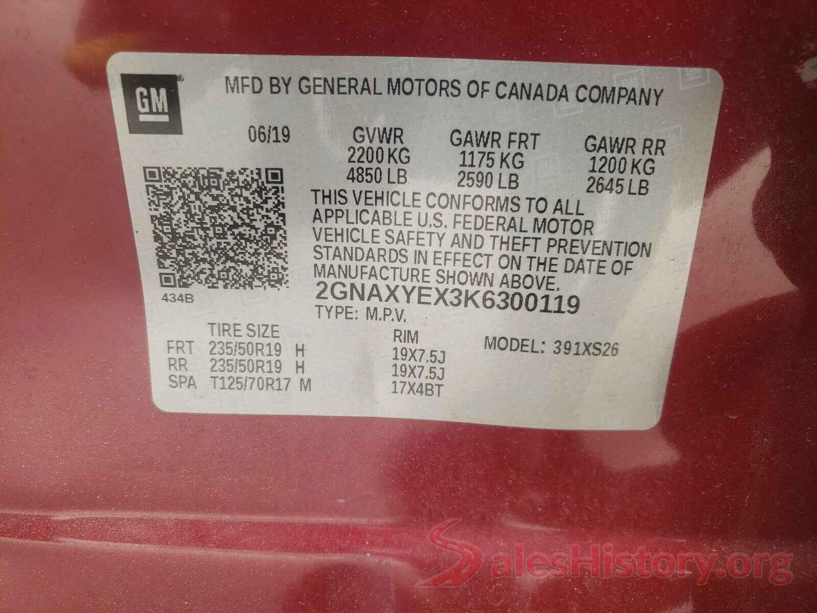 2GNAXYEX3K6300119 2019 CHEVROLET EQUINOX