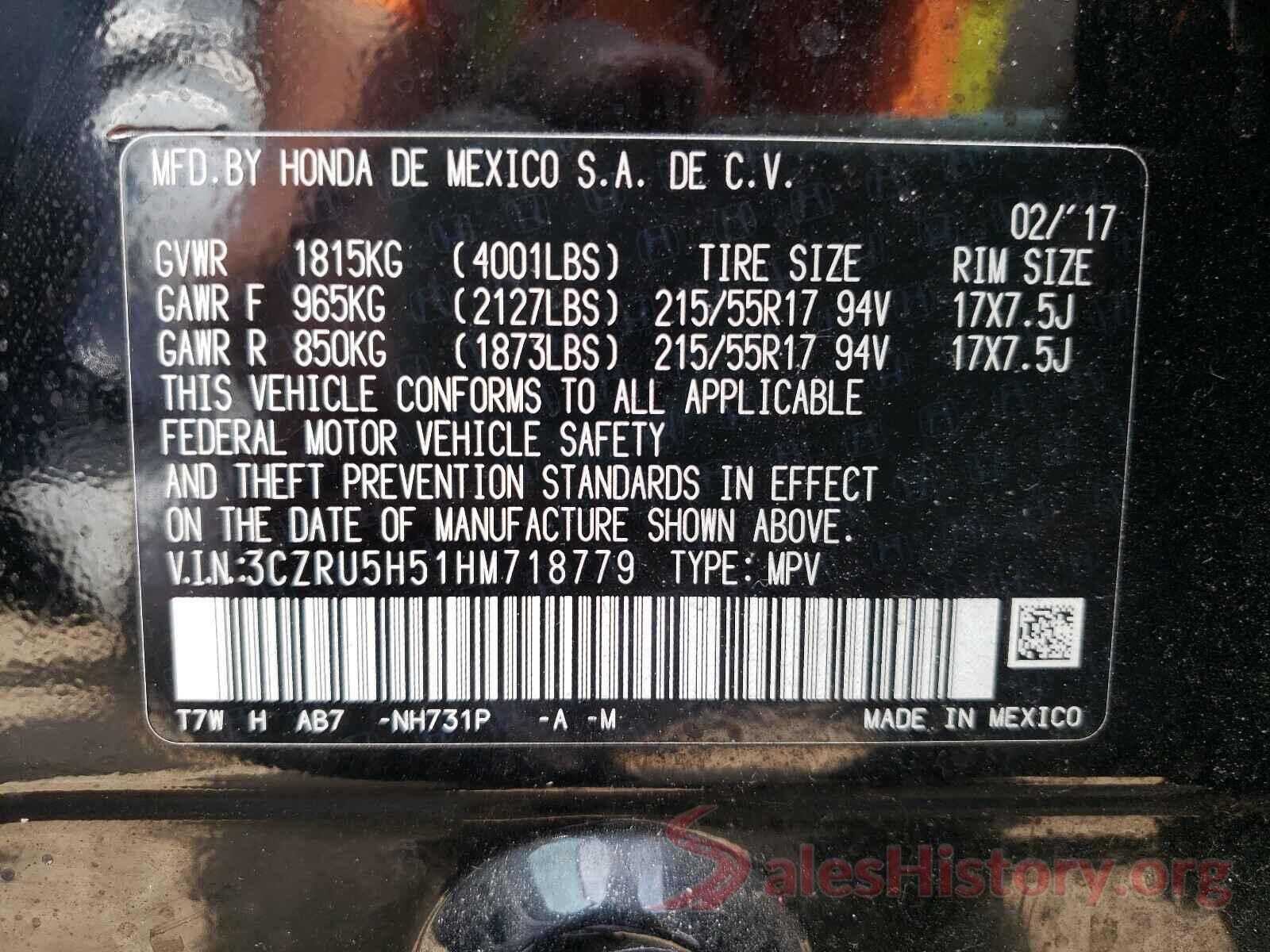 3CZRU5H51HM718779 2017 HONDA HR-V