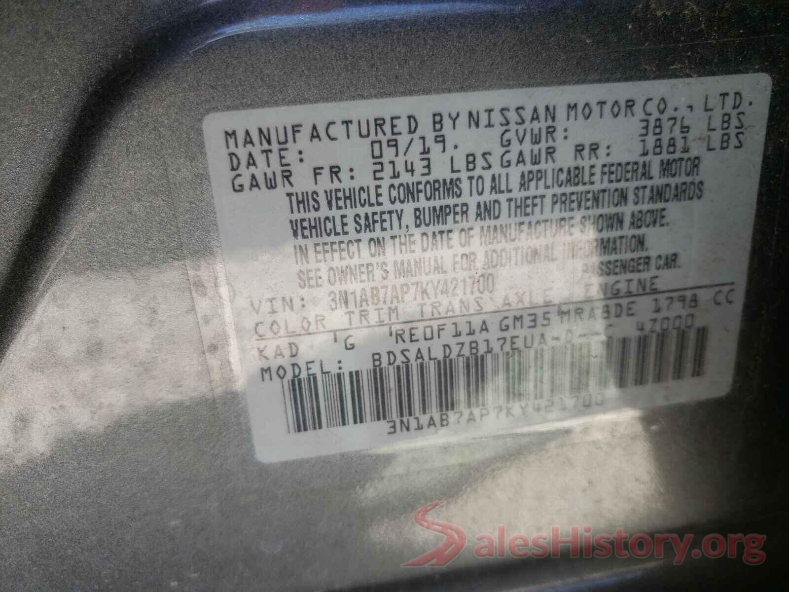 3N1AB7AP7KY421700 2019 NISSAN SENTRA