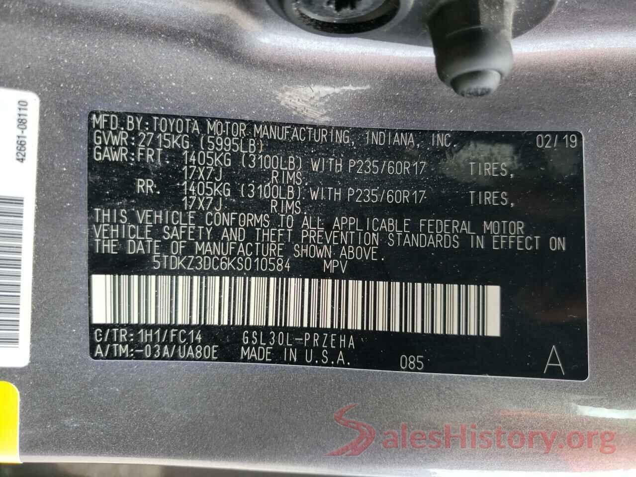 5TDKZ3DC6KS010584 2019 TOYOTA SIENNA