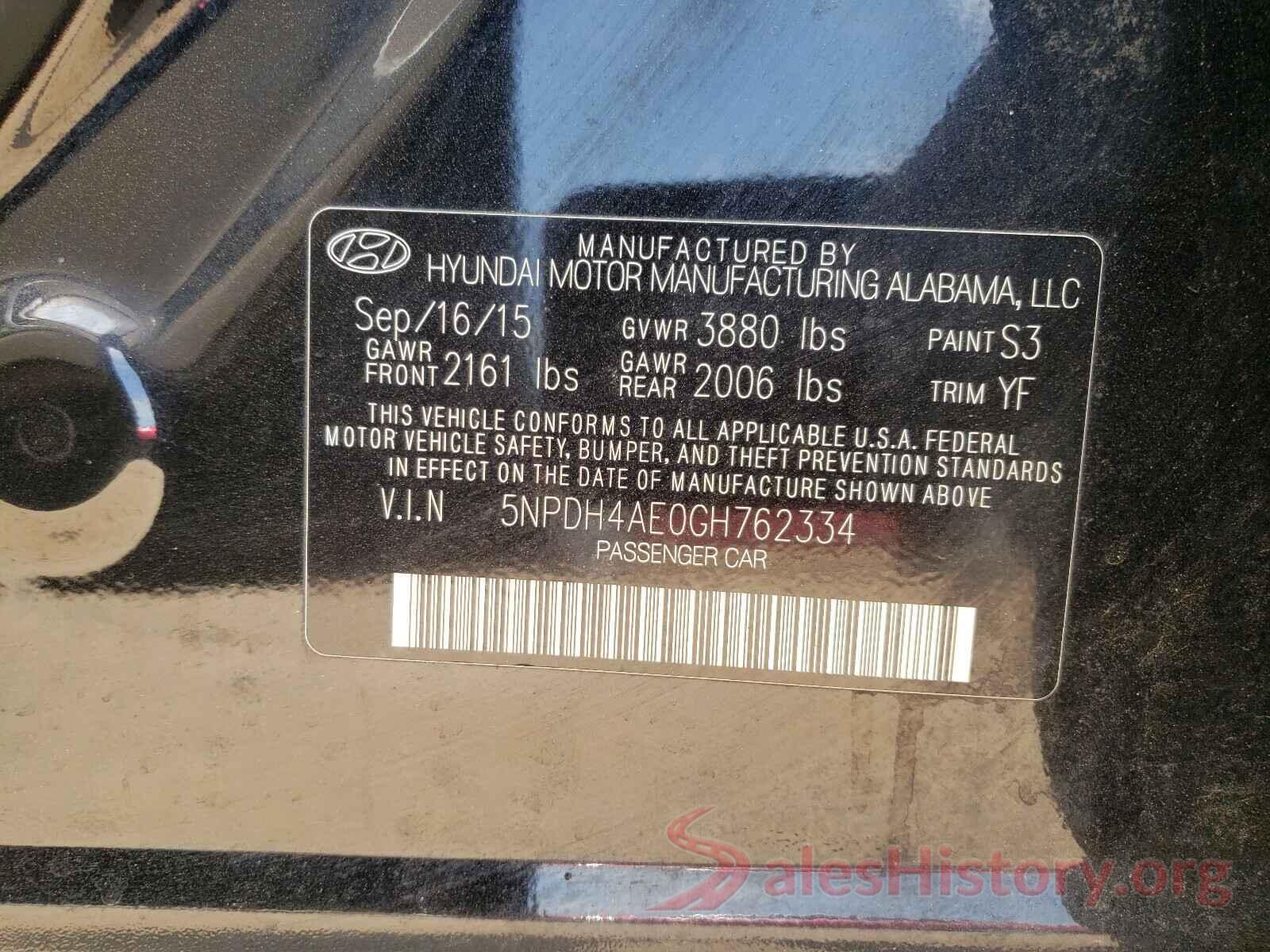 5NPDH4AE0GH762334 2016 HYUNDAI ELANTRA