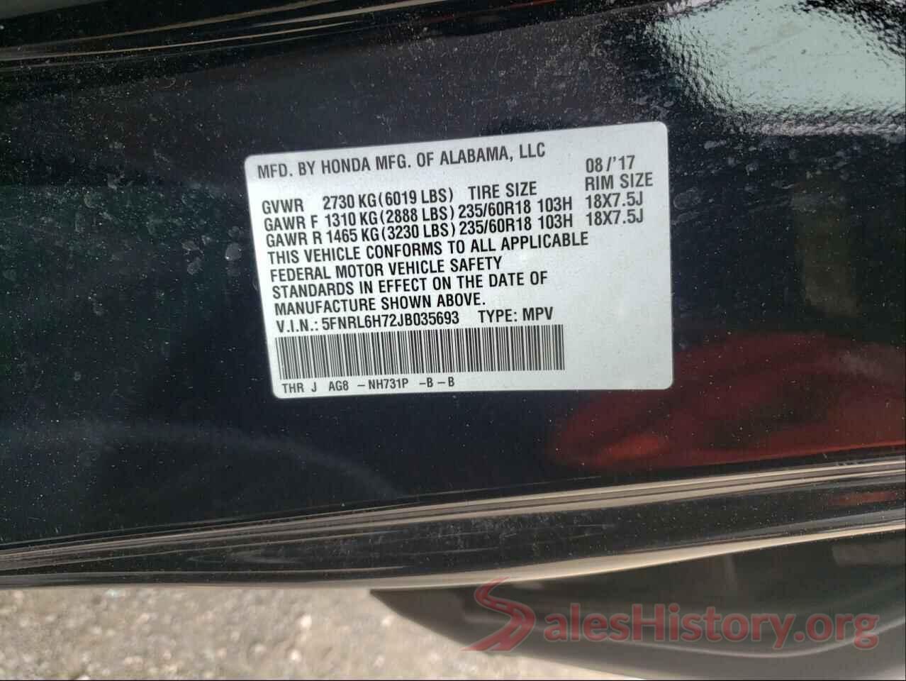 5FNRL6H72JB035693 2018 HONDA ODYSSEY