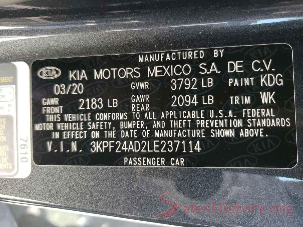 3KPF24AD2LE237114 2020 KIA FORTE