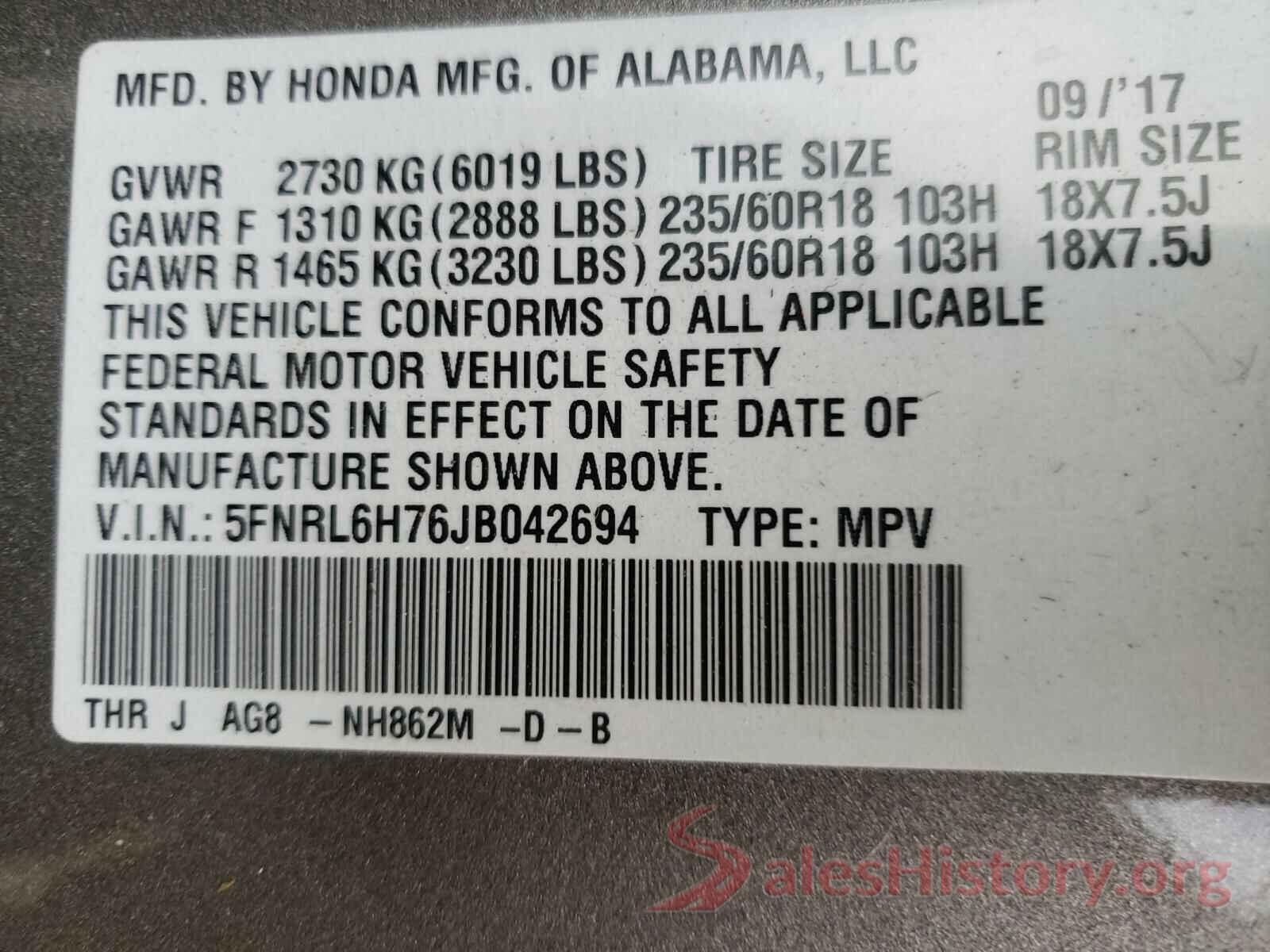 5FNRL6H76JB042694 2018 HONDA ODYSSEY