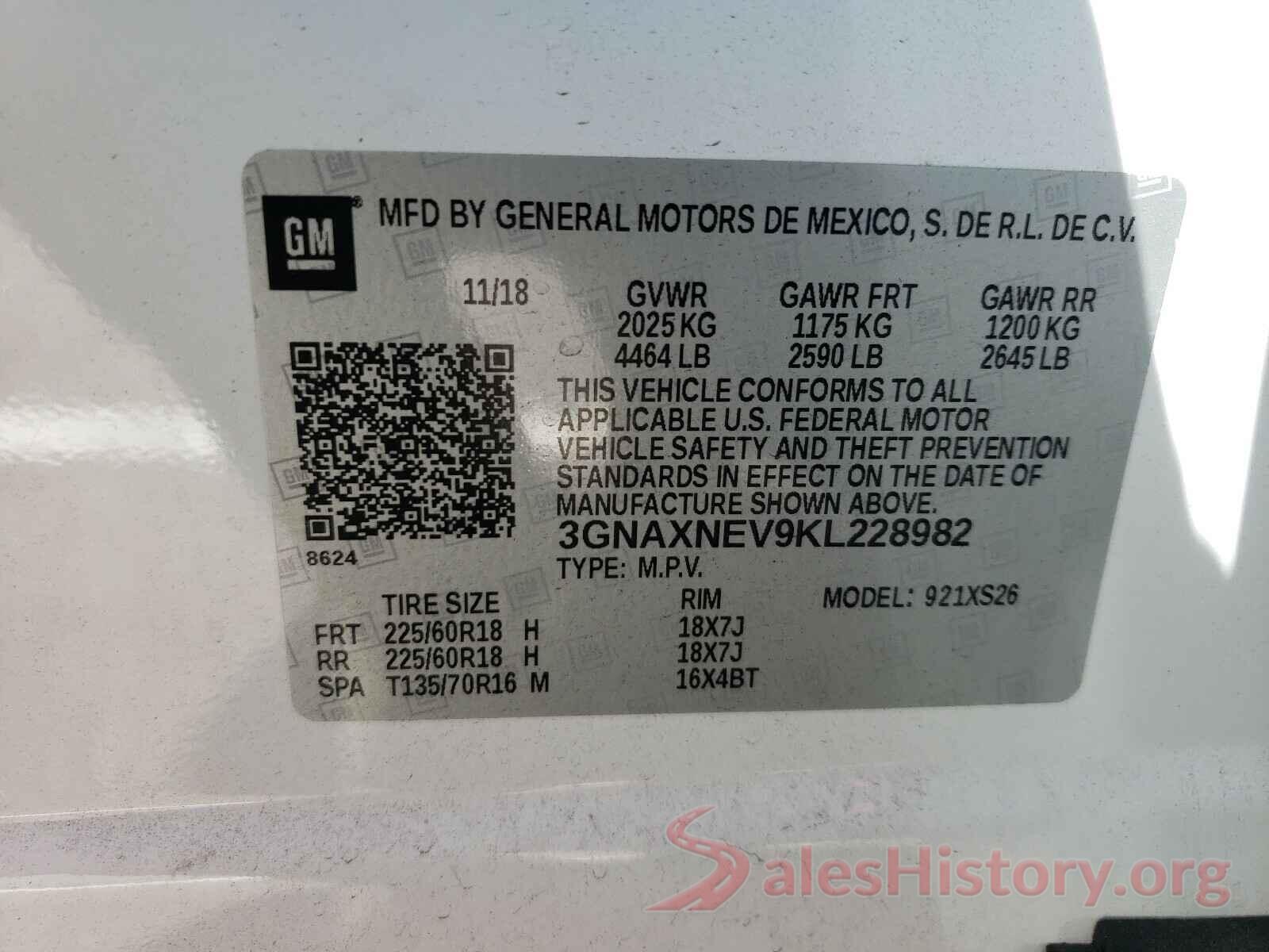 3GNAXNEV9KL228982 2019 CHEVROLET EQUINOX