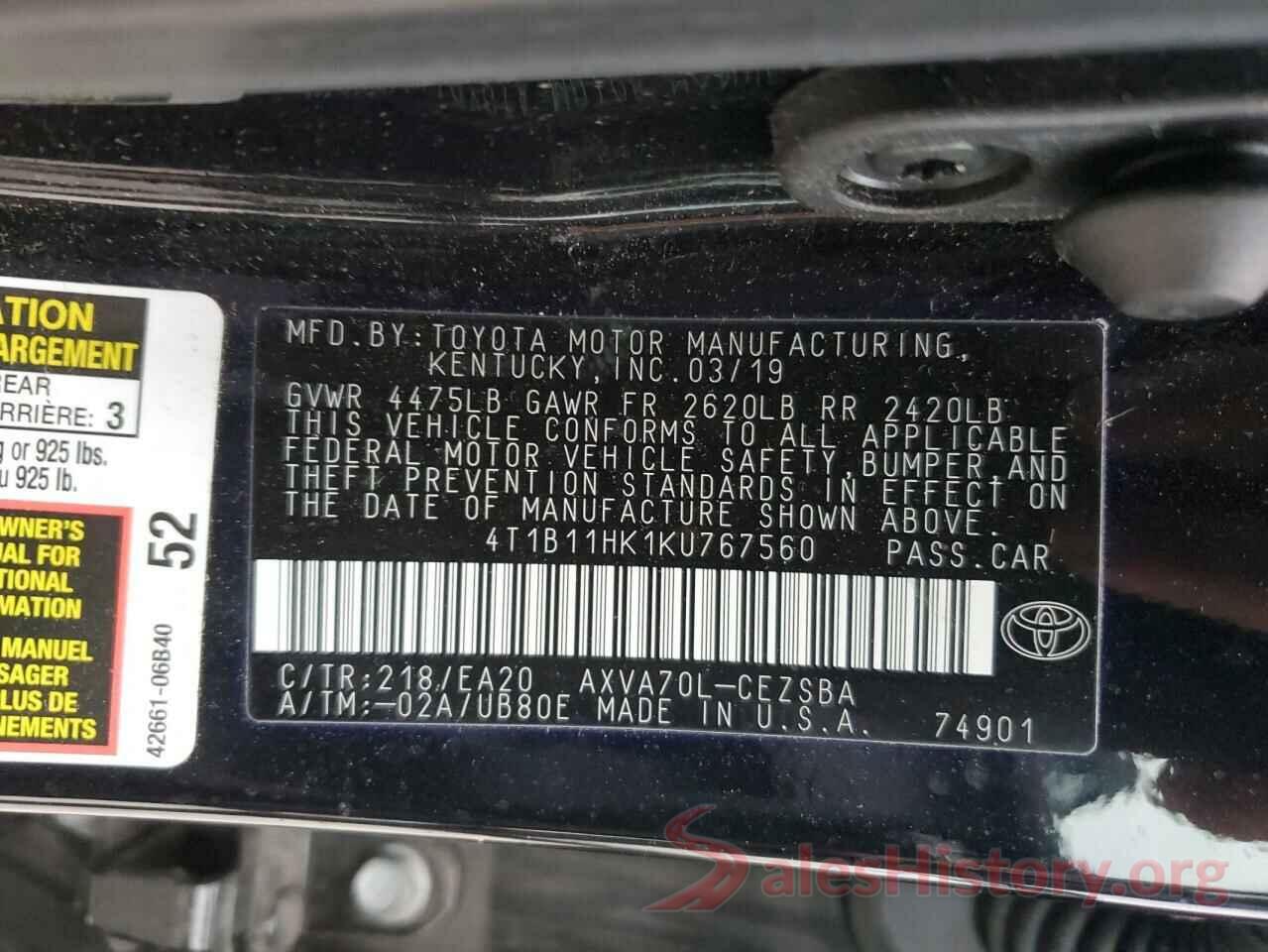 4T1B11HK1KU767560 2019 TOYOTA CAMRY