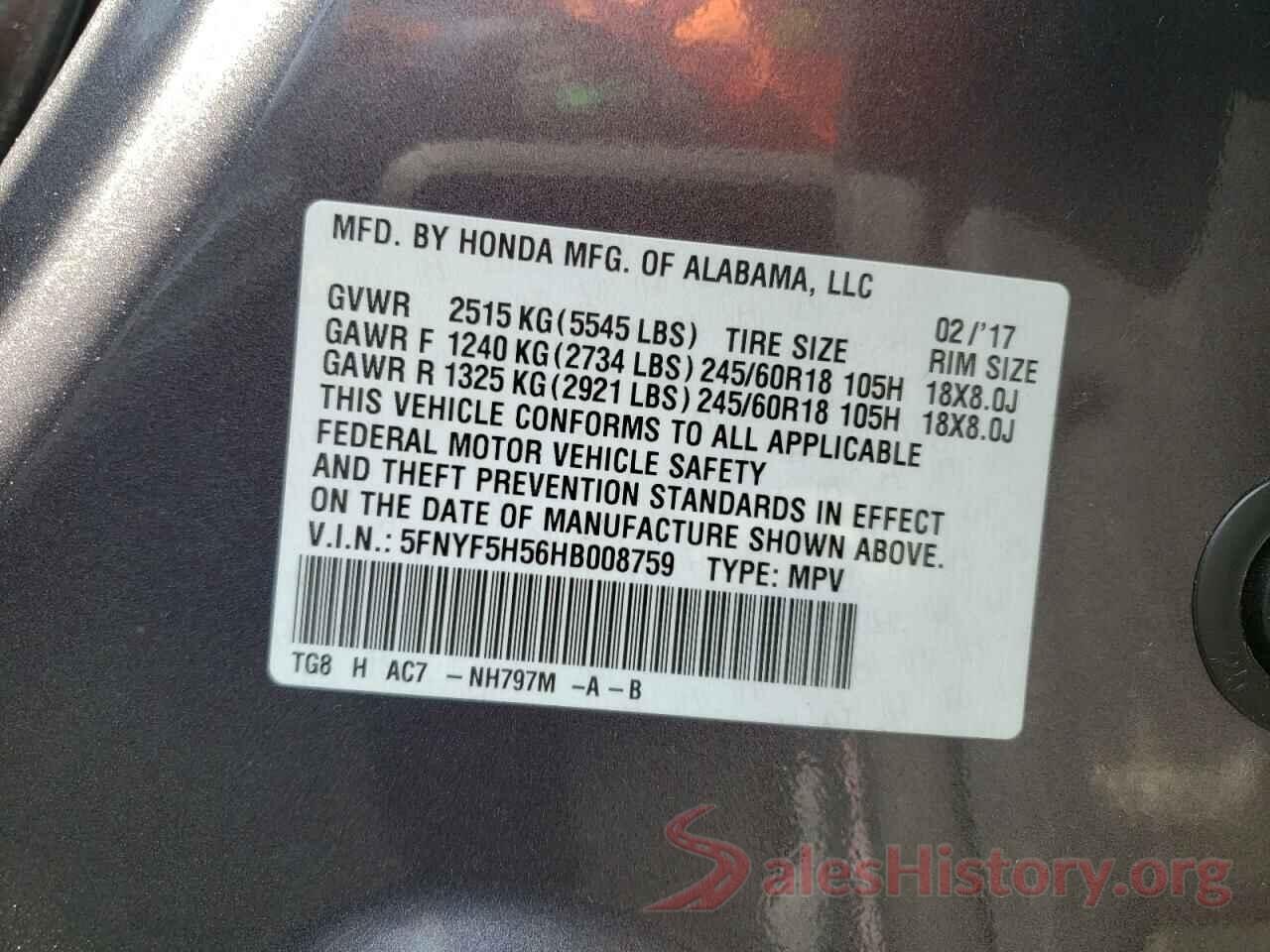 5FNYF5H56HB008759 2017 HONDA PILOT