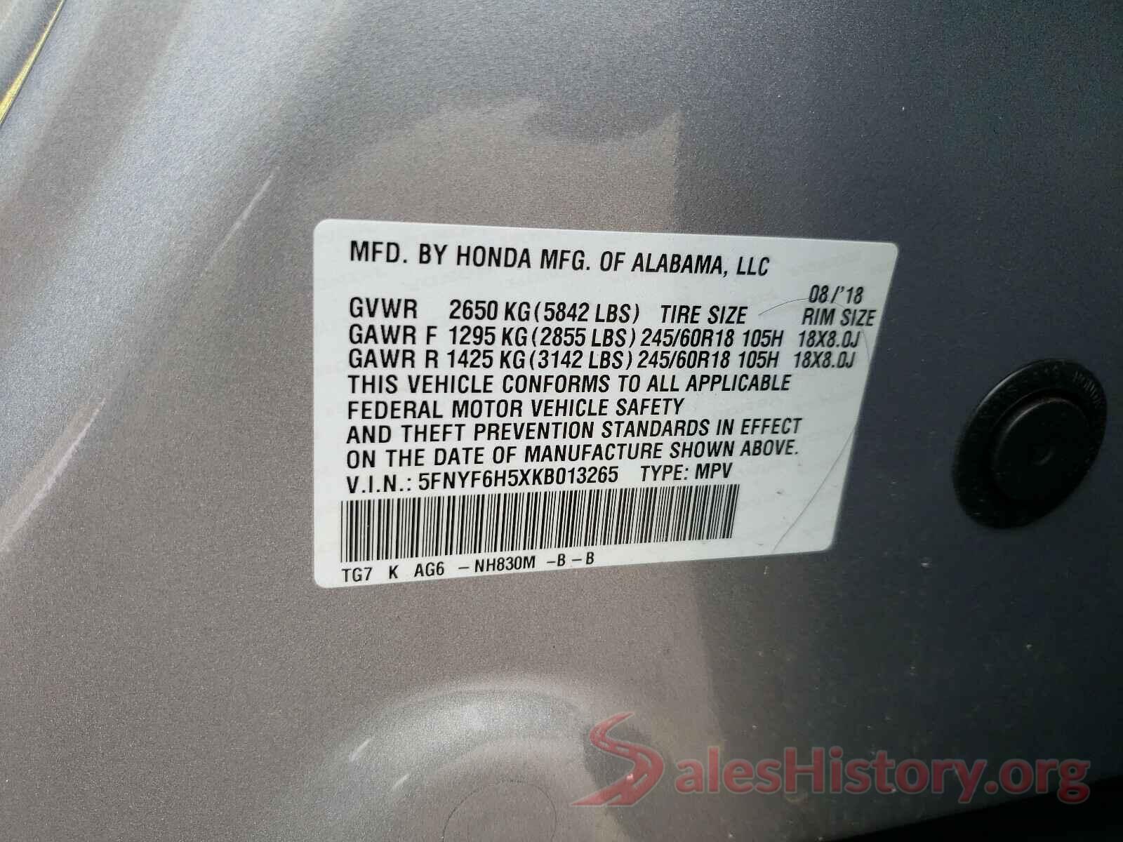 5FNYF6H5XKB013265 2019 HONDA PILOT