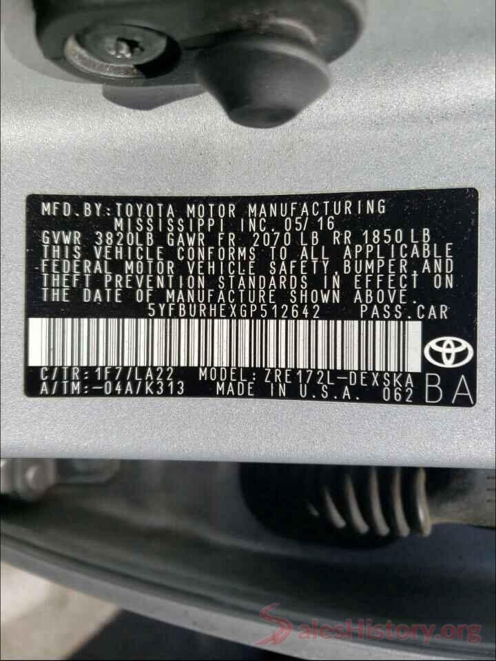 5YFBURHEXGP512642 2016 TOYOTA COROLLA