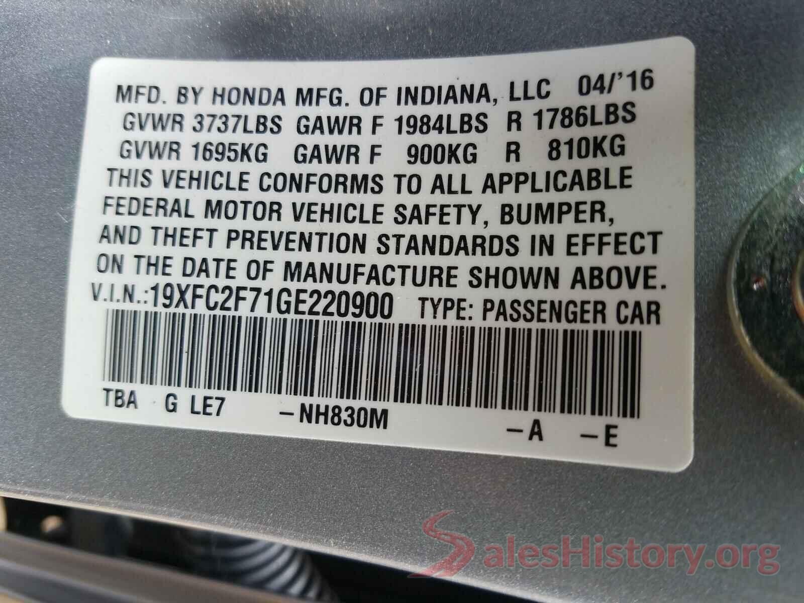 19XFC2F71GE220900 2016 HONDA CIVIC