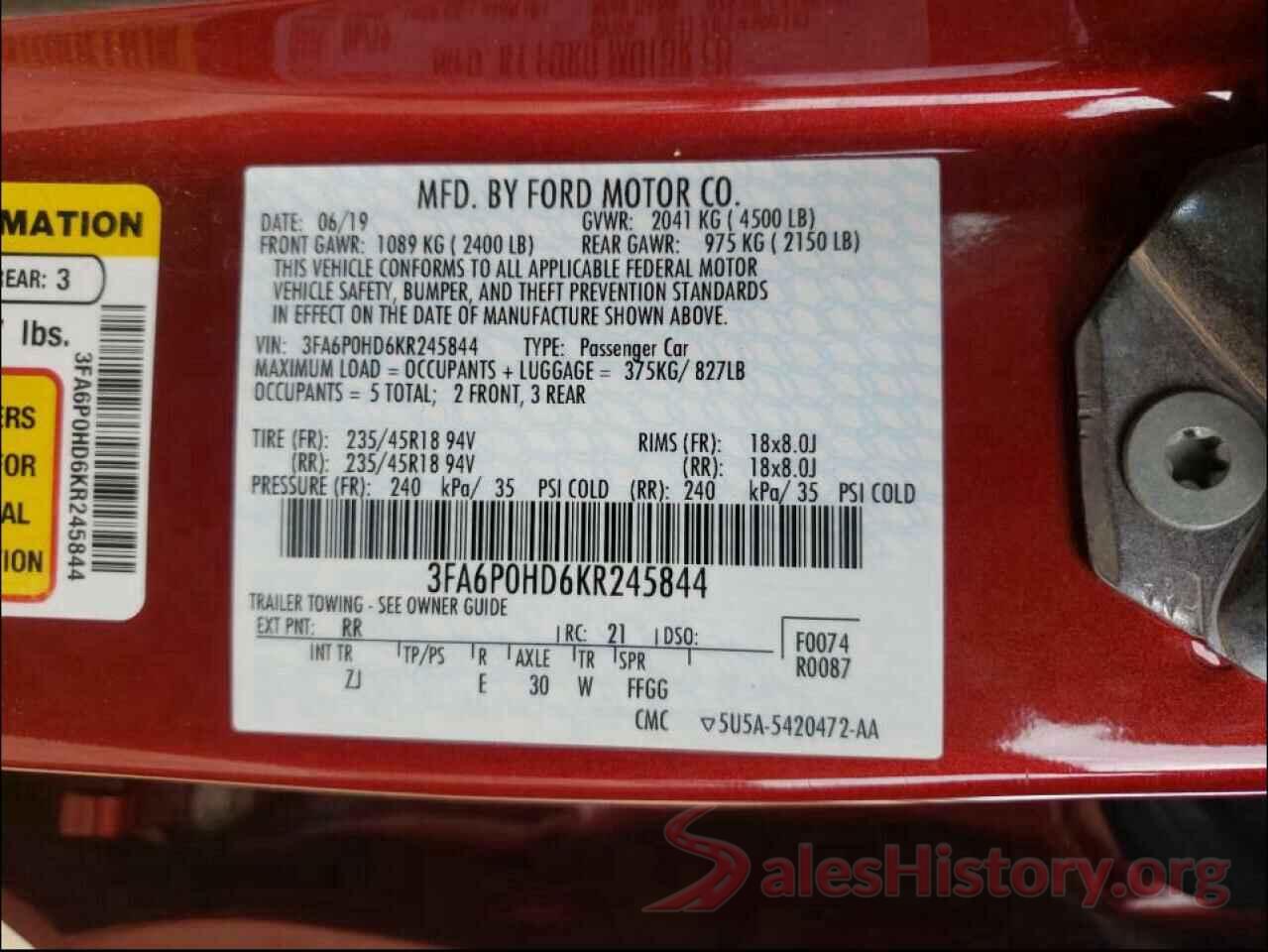 3FA6P0HD6KR245844 2019 FORD FUSION