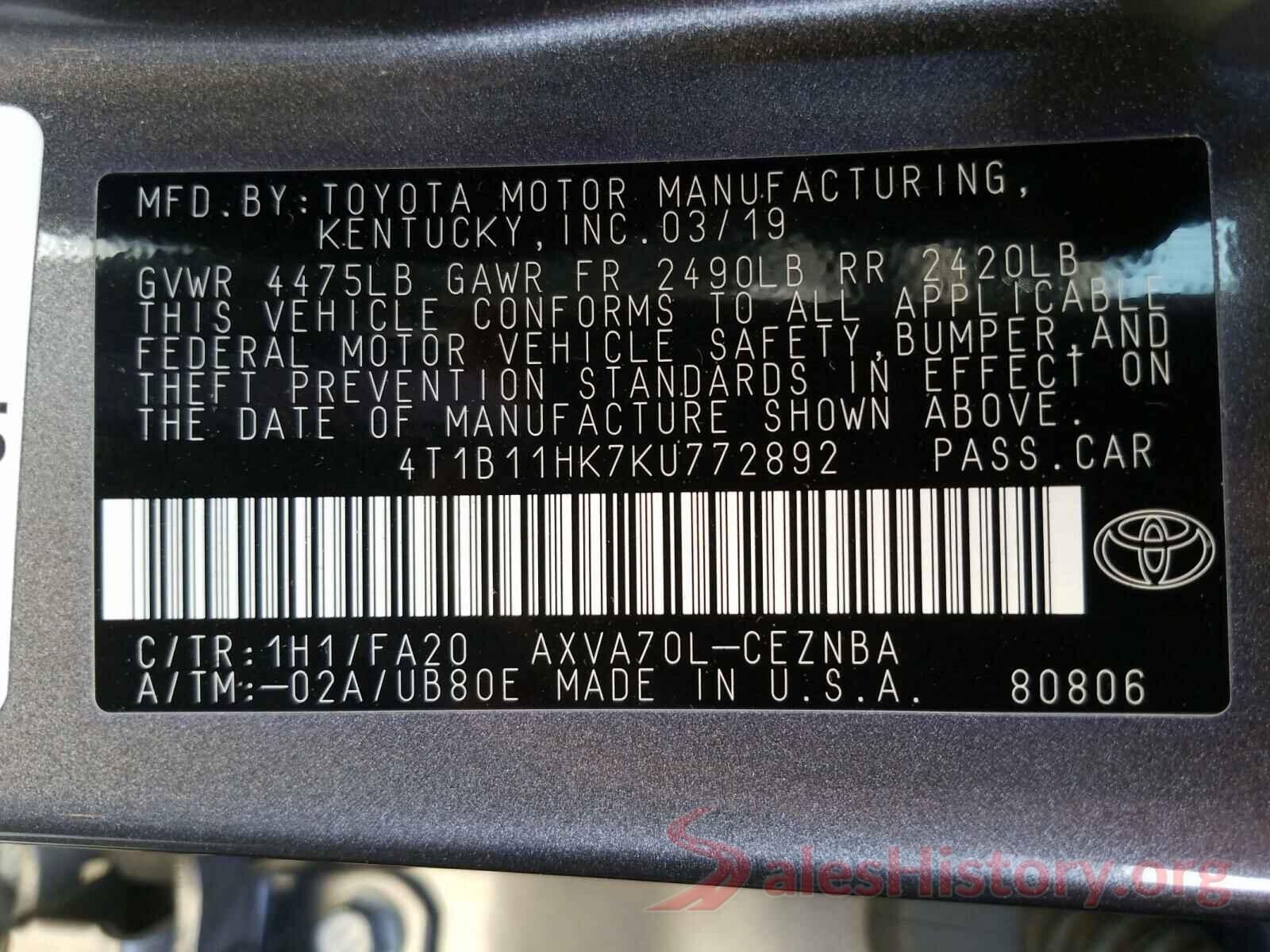 4T1B11HK7KU772892 2019 TOYOTA CAMRY