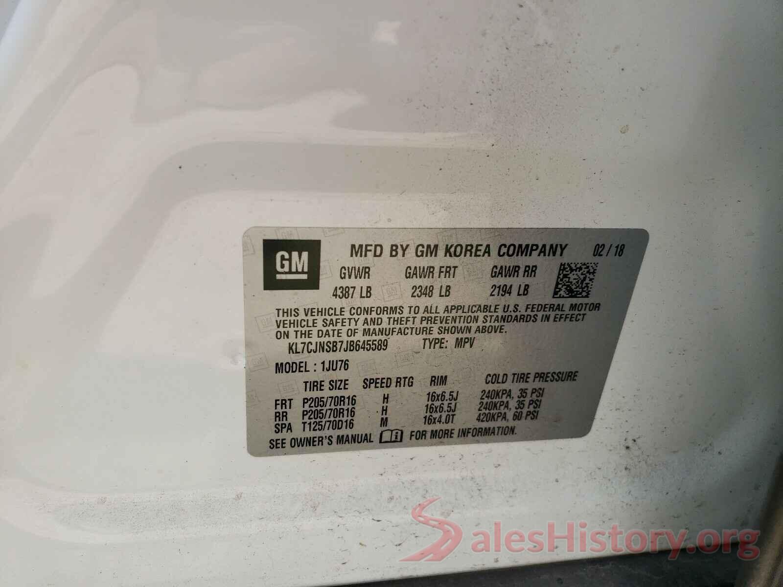 KL7CJNSB7JB645589 2018 CHEVROLET TRAX