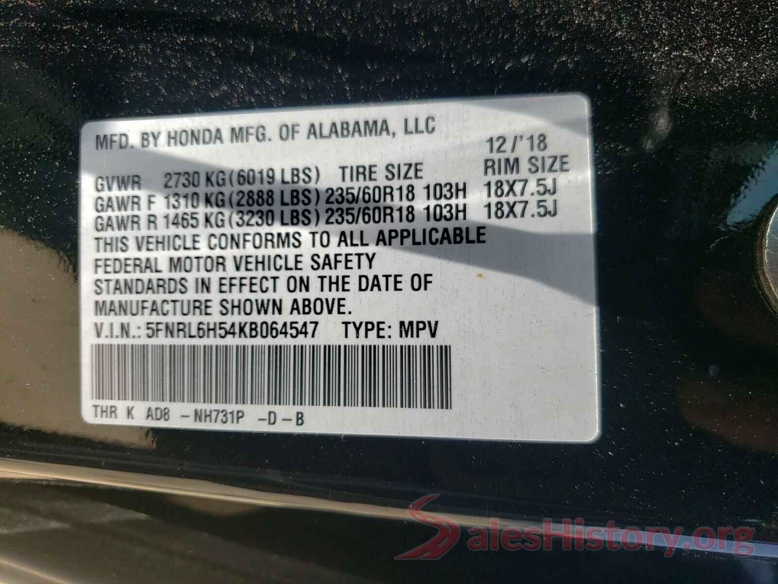 5FNRL6H54KB064547 2019 HONDA ODYSSEY