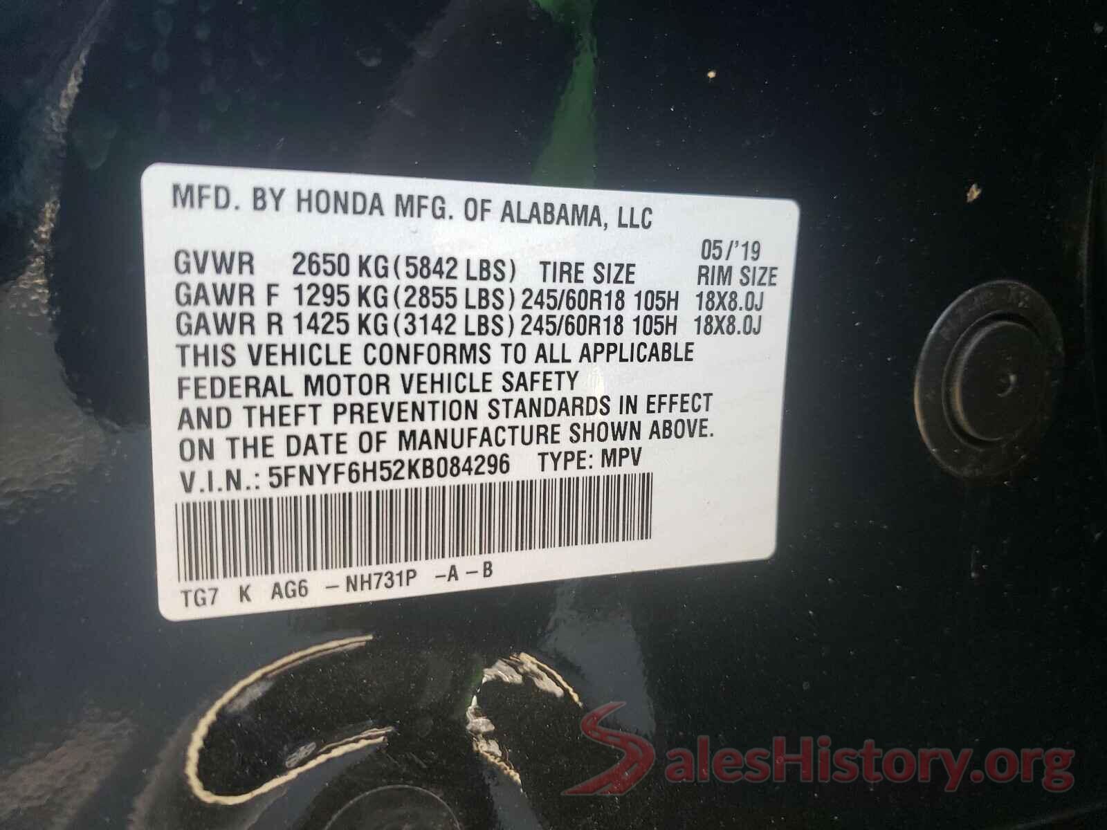 5FNYF6H52KB084296 2019 HONDA PILOT