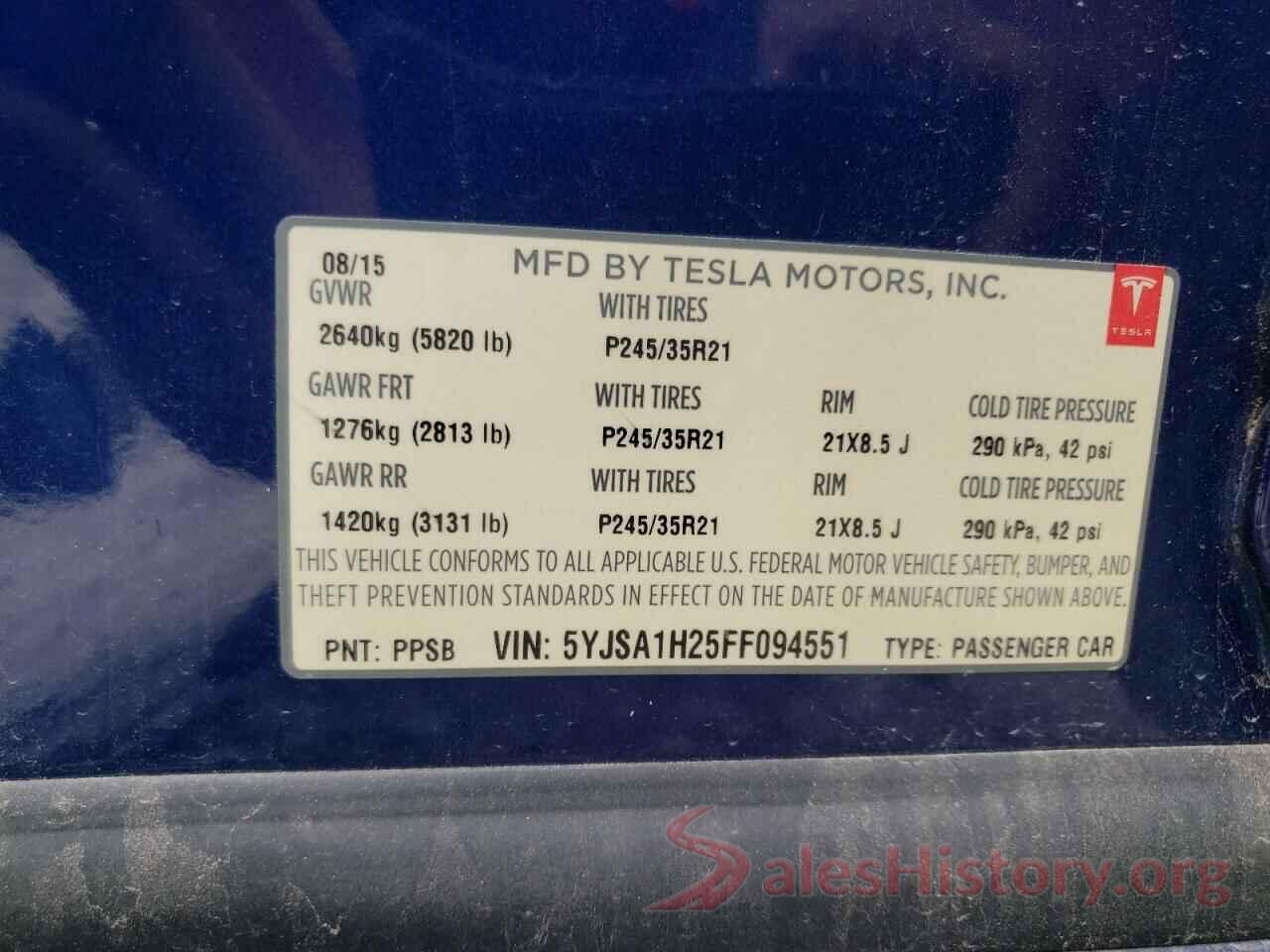 5YJSA1H25FF094551 2015 TESLA MODEL S