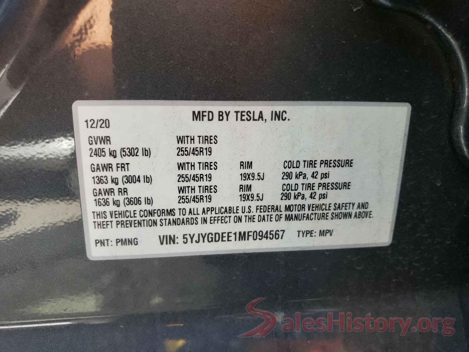 5YJYGDEE1MF094567 2021 TESLA MODEL Y