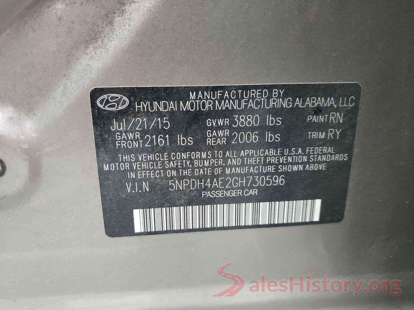 5NPDH4AE2GH730596 2016 HYUNDAI ELANTRA