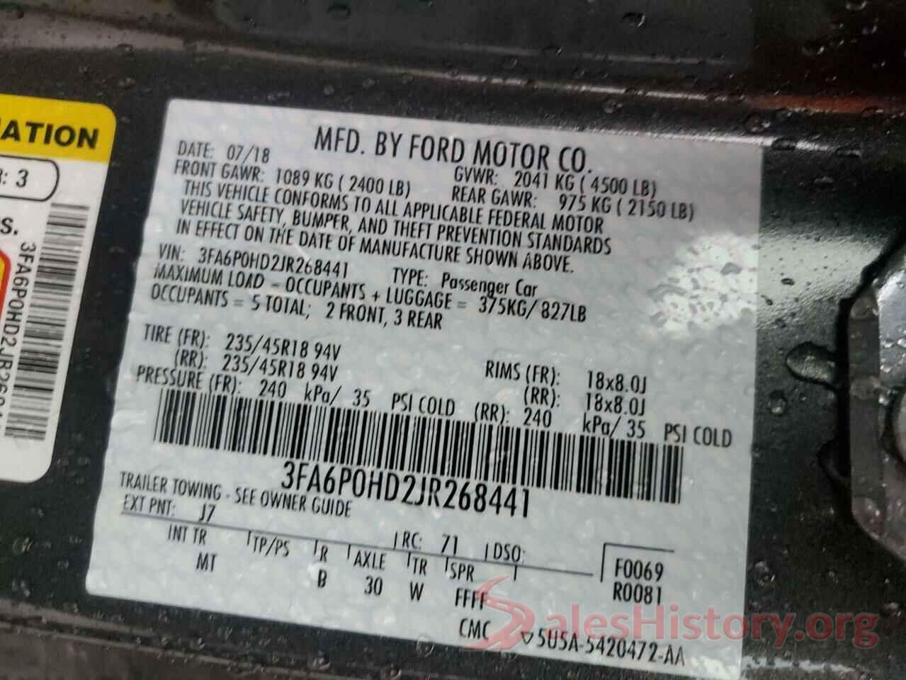 3FA6P0HD2JR268441 2018 FORD FUSION