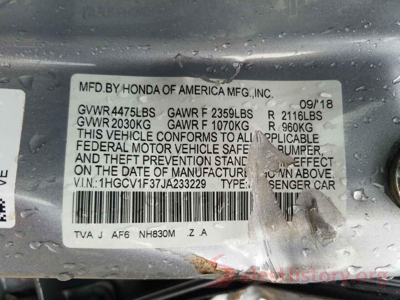 1HGCV1F37JA233229 2018 HONDA ACCORD