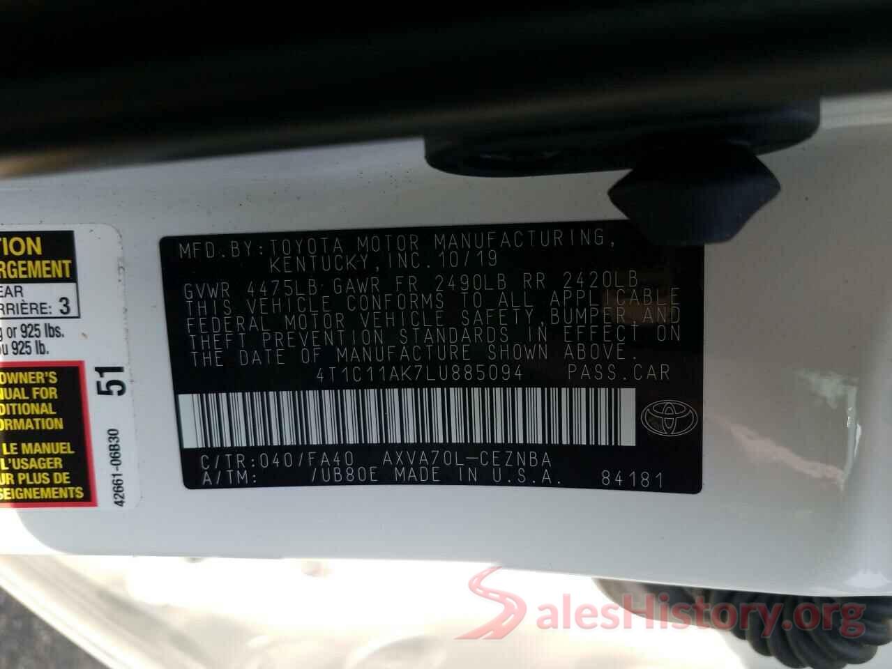 4T1C11AK7LU885094 2020 TOYOTA CAMRY