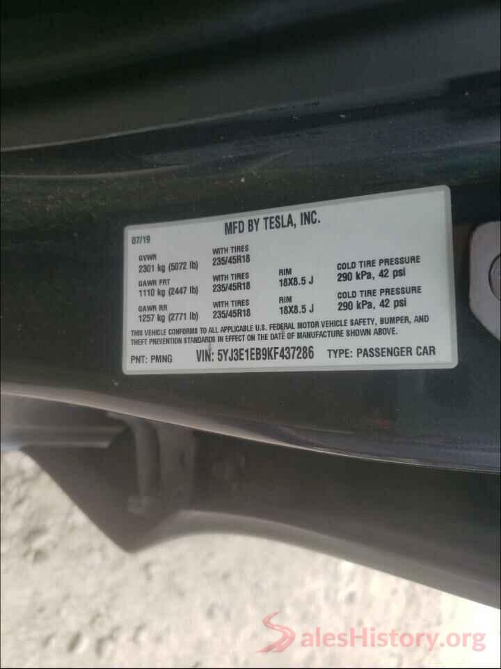 5YJ3E1EB9KF437286 2019 TESLA MODEL 3