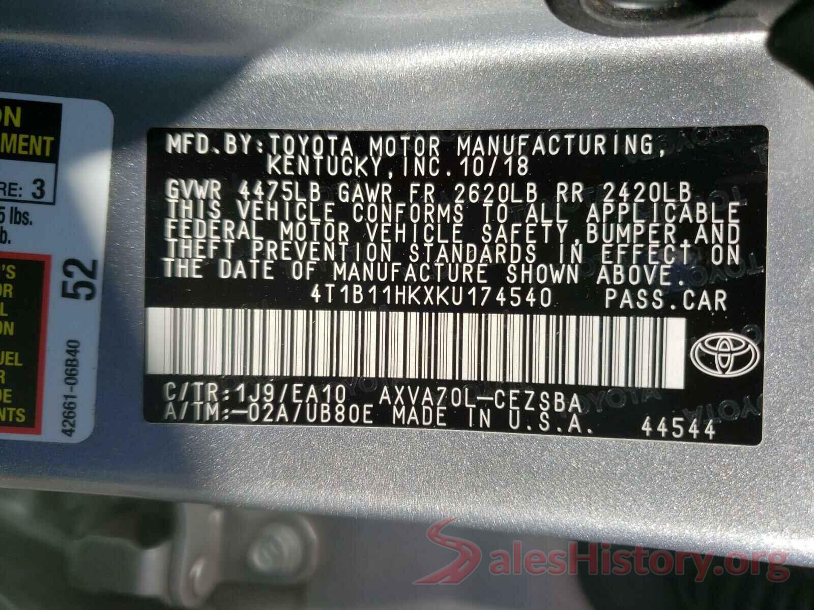 4T1B11HKXKU174540 2019 TOYOTA CAMRY