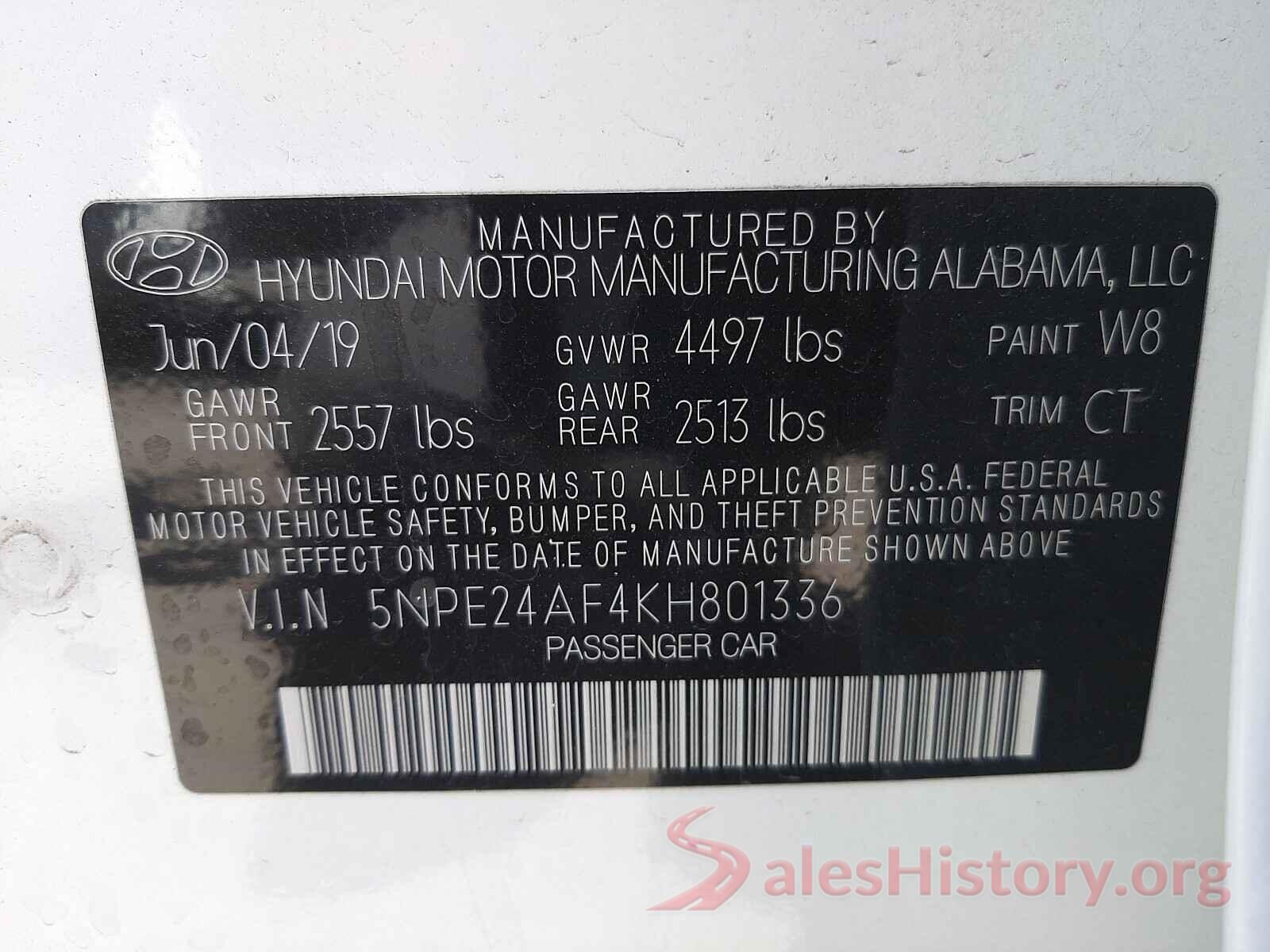 5NPE24AF4KH801336 2019 HYUNDAI SONATA