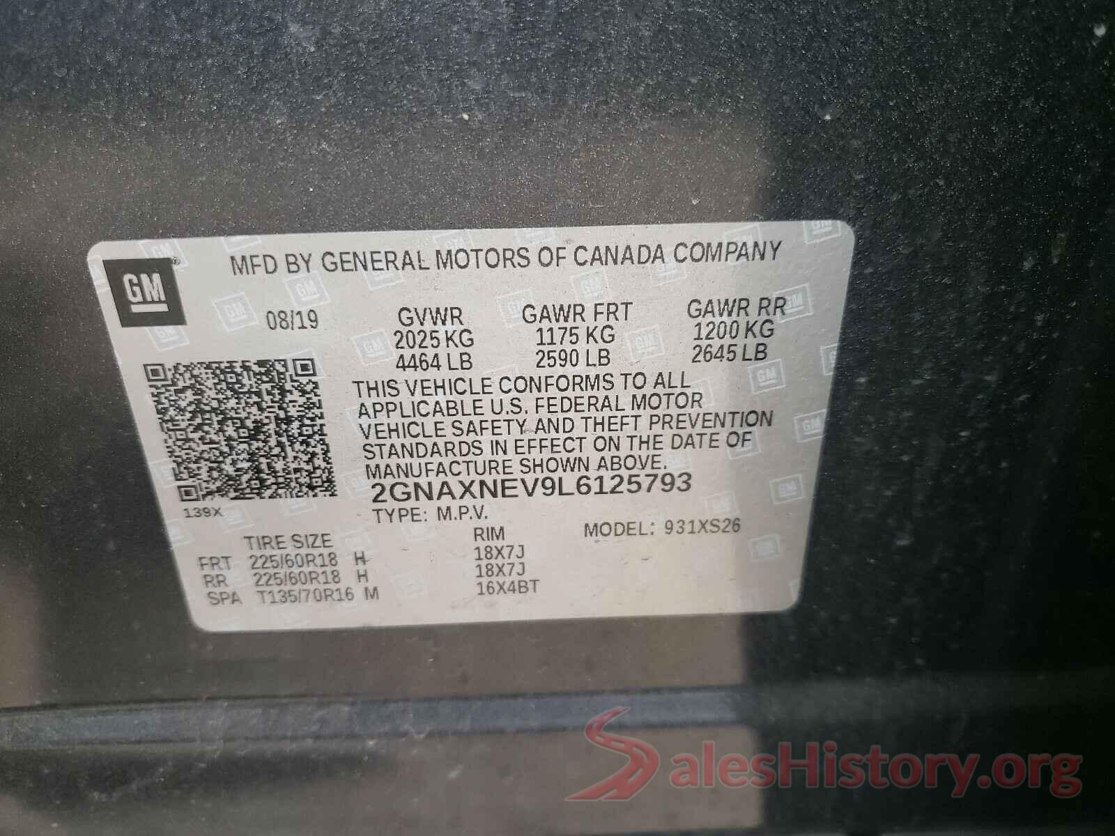 2GNAXNEV9L6125793 2020 CHEVROLET EQUINOX