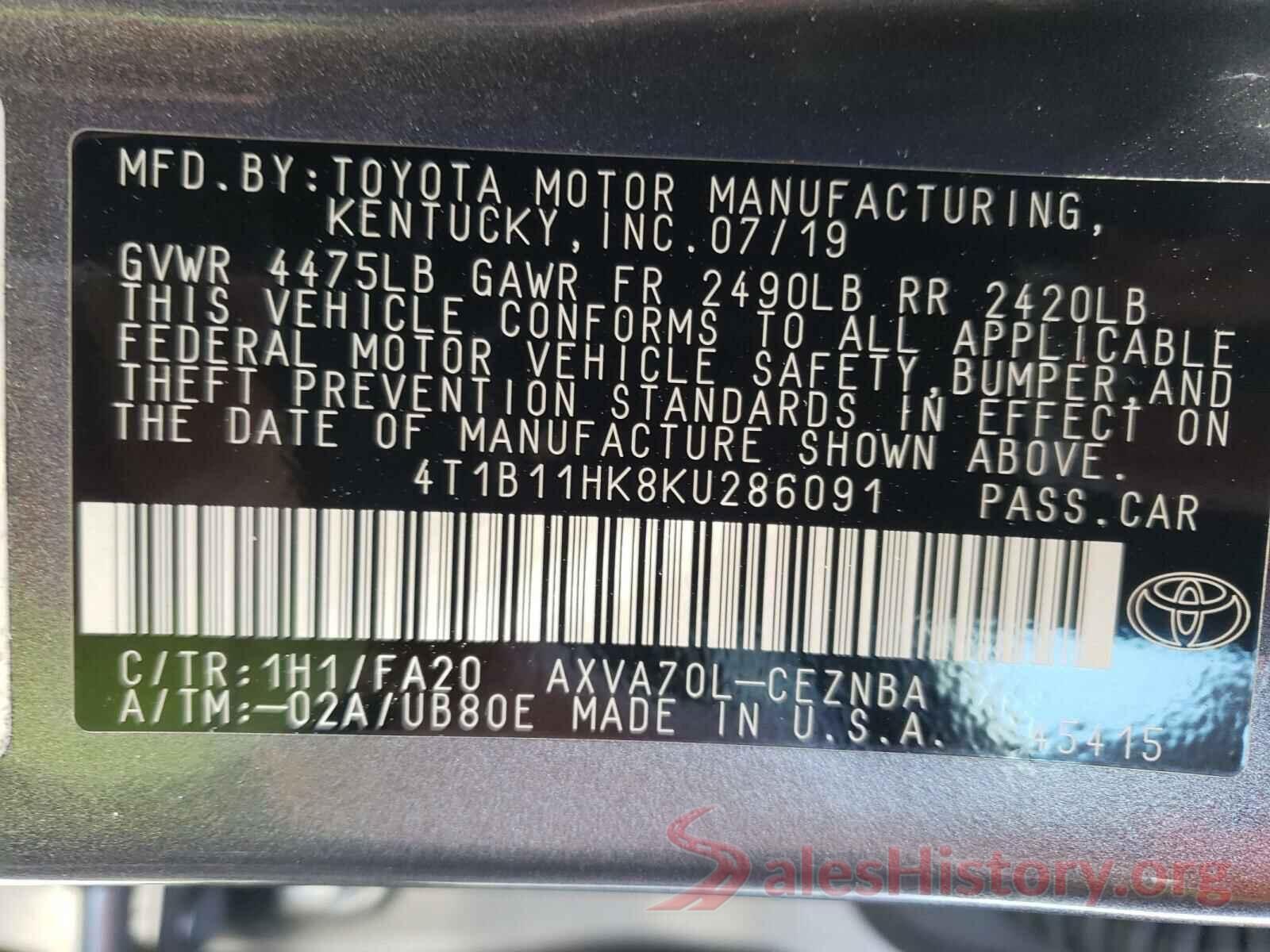 4T1B11HK8KU286091 2019 TOYOTA CAMRY