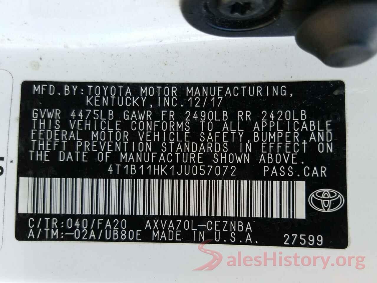 4T1B11HK1JU057072 2018 TOYOTA CAMRY