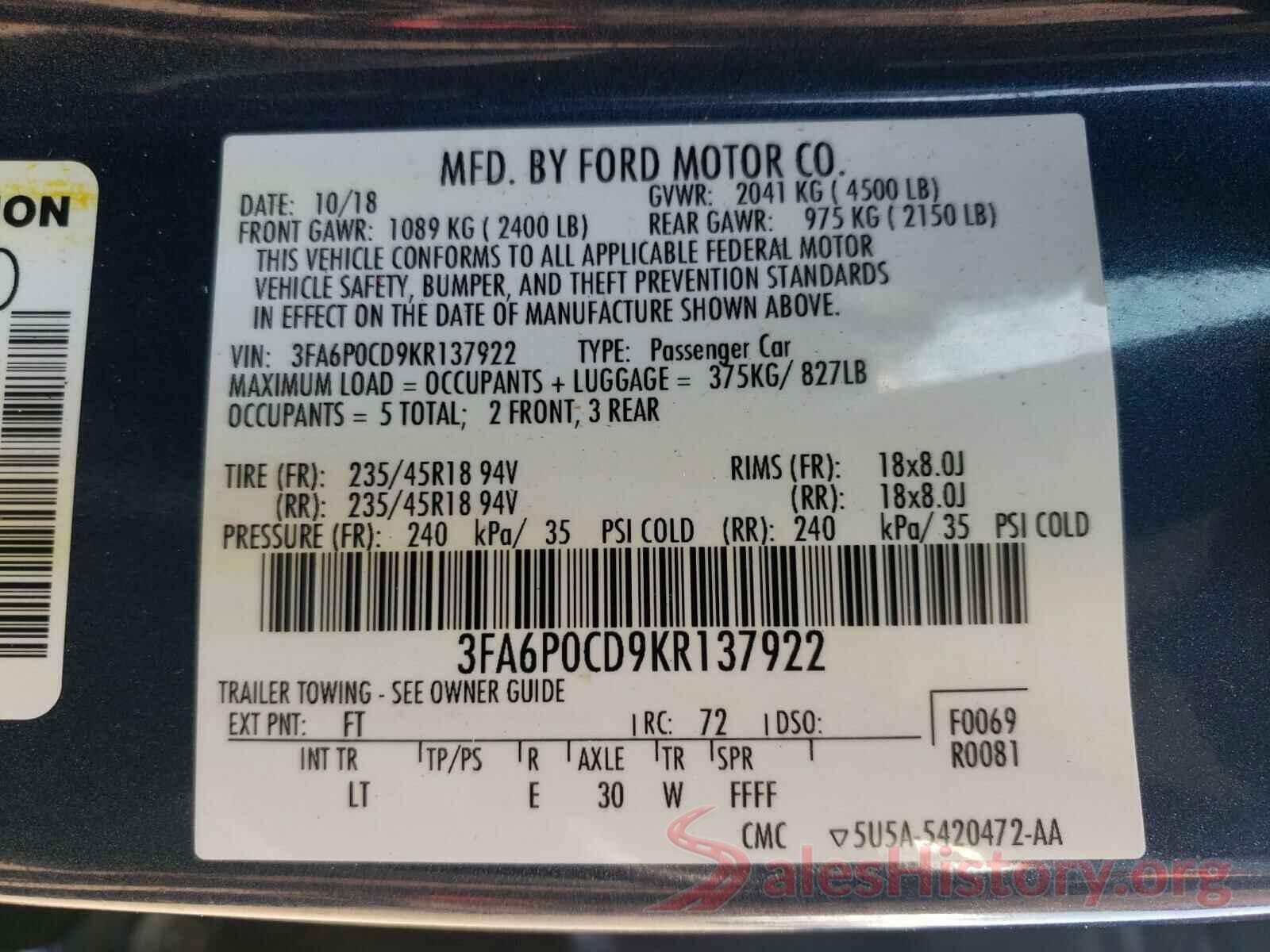 3FA6P0CD9KR137922 2019 FORD FUSION