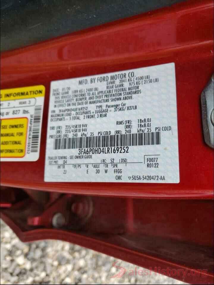 3FA6P0HD4LR169252 2020 FORD FUSION