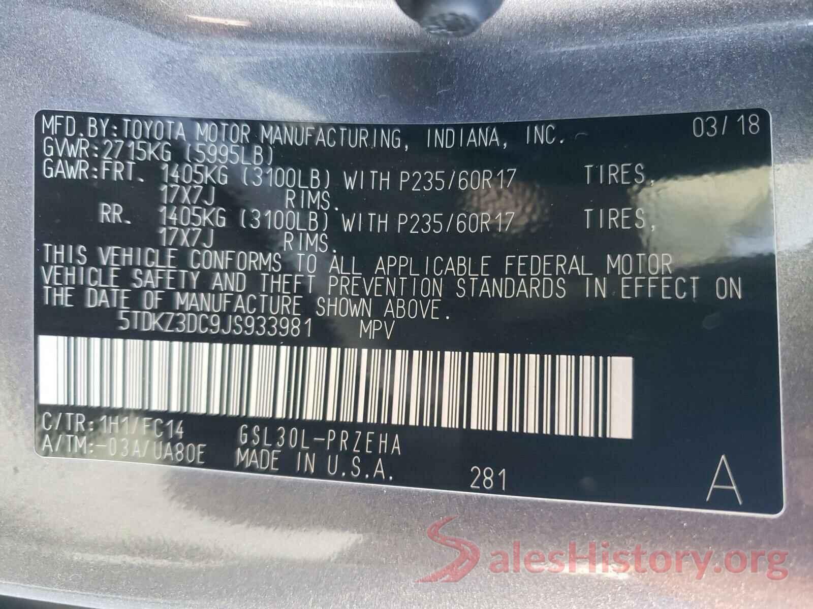 5TDKZ3DC9JS933981 2018 TOYOTA SIENNA