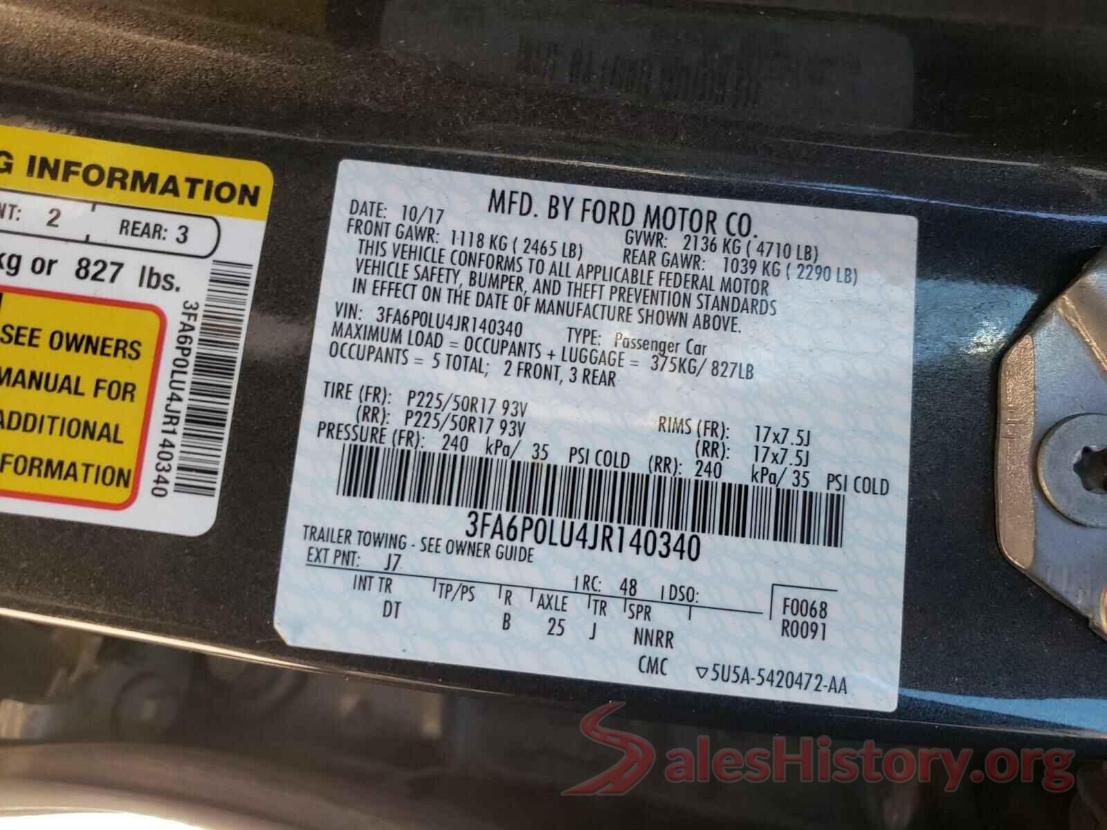 3FA6P0LU4JR140340 2018 FORD FUSION