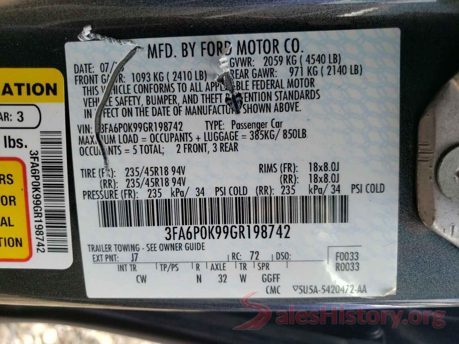 3FA6P0K99GR198742 2016 FORD FUSION