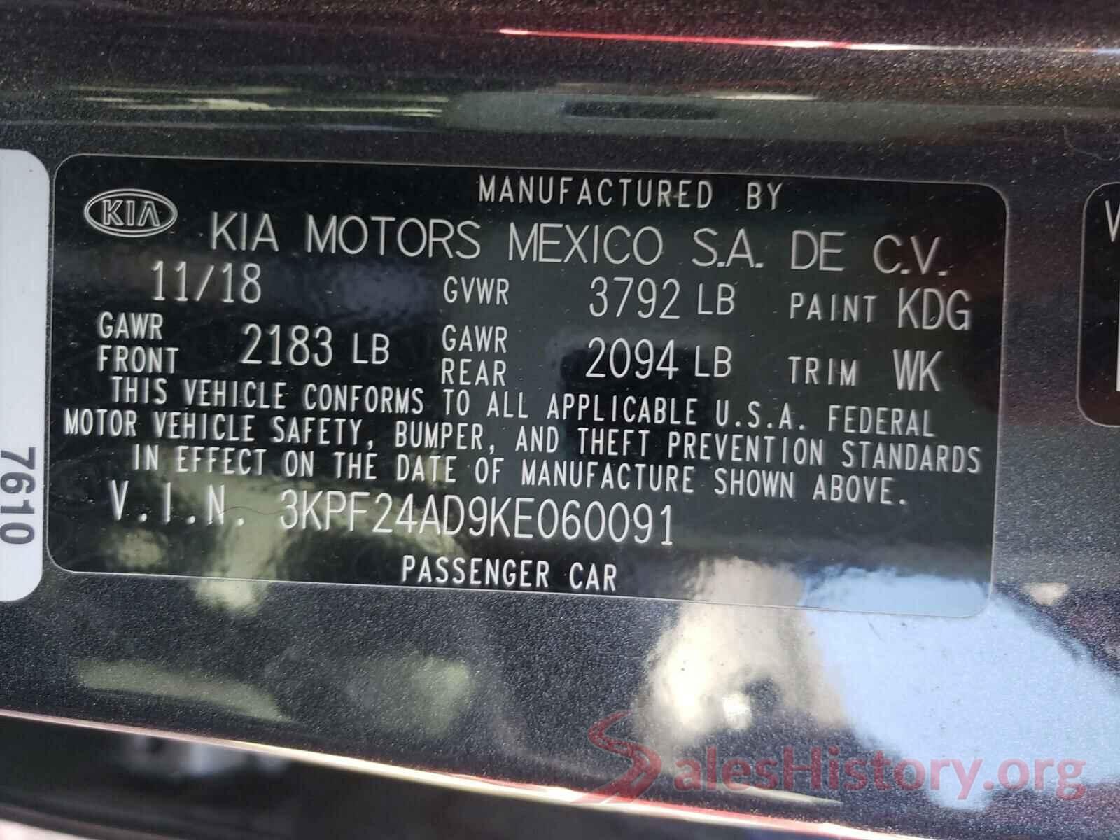 3KPF24AD9KE060091 2019 KIA FORTE