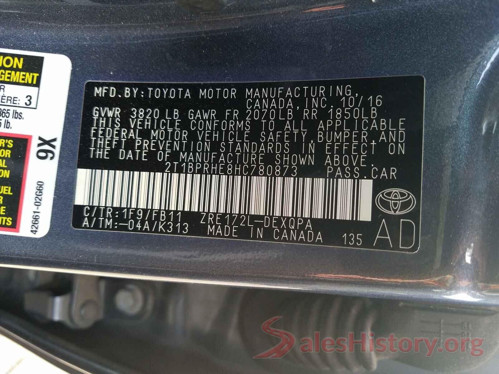 2T1BPRHE8HC780873 2017 TOYOTA COROLLA