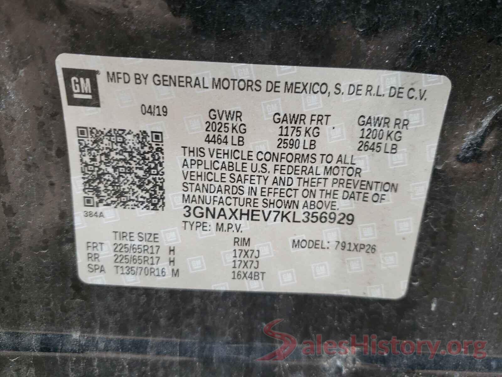 3GNAXHEV7KL356929 2019 CHEVROLET EQUINOX