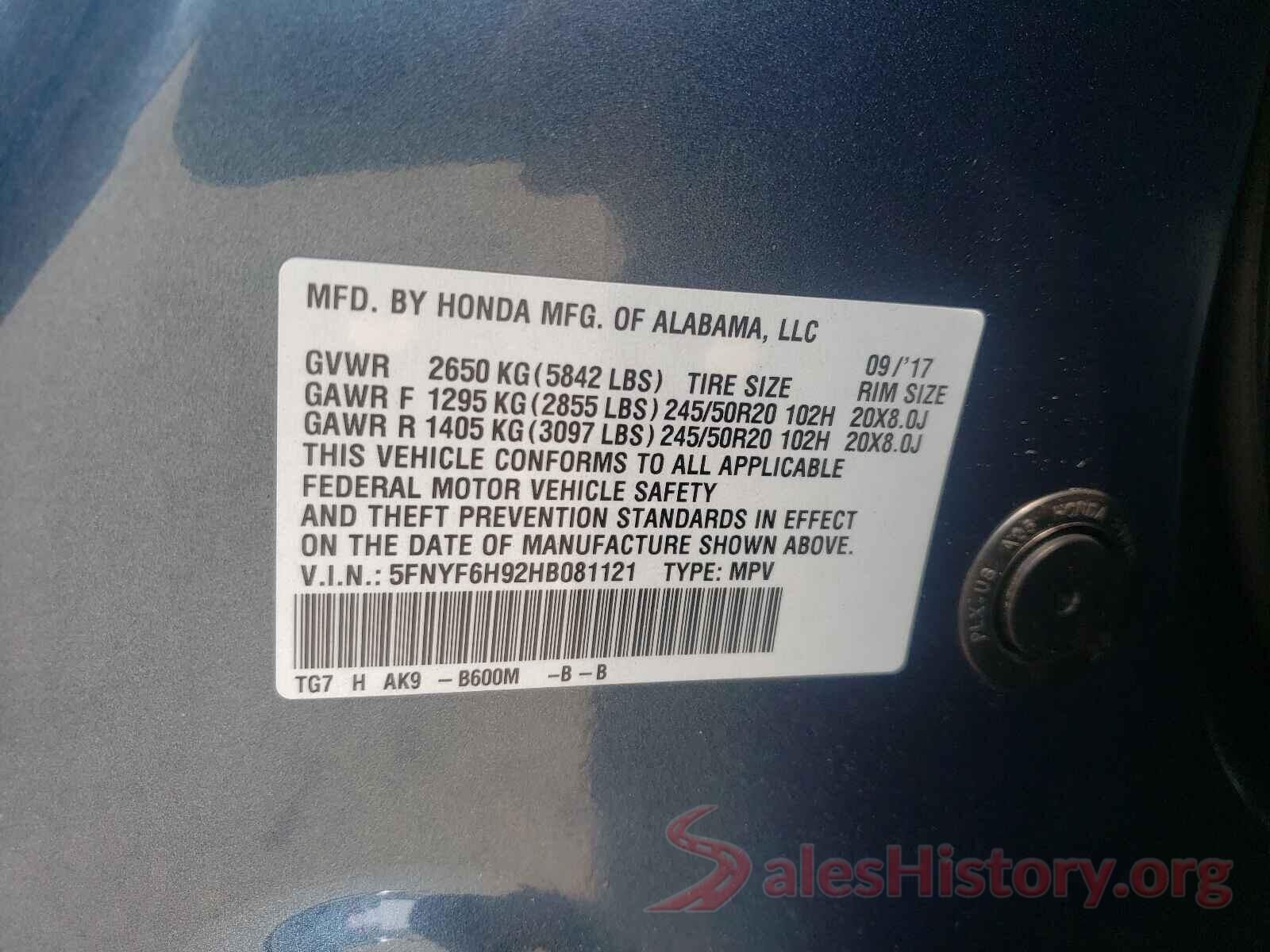 5FNYF6H92HB081121 2017 HONDA PILOT