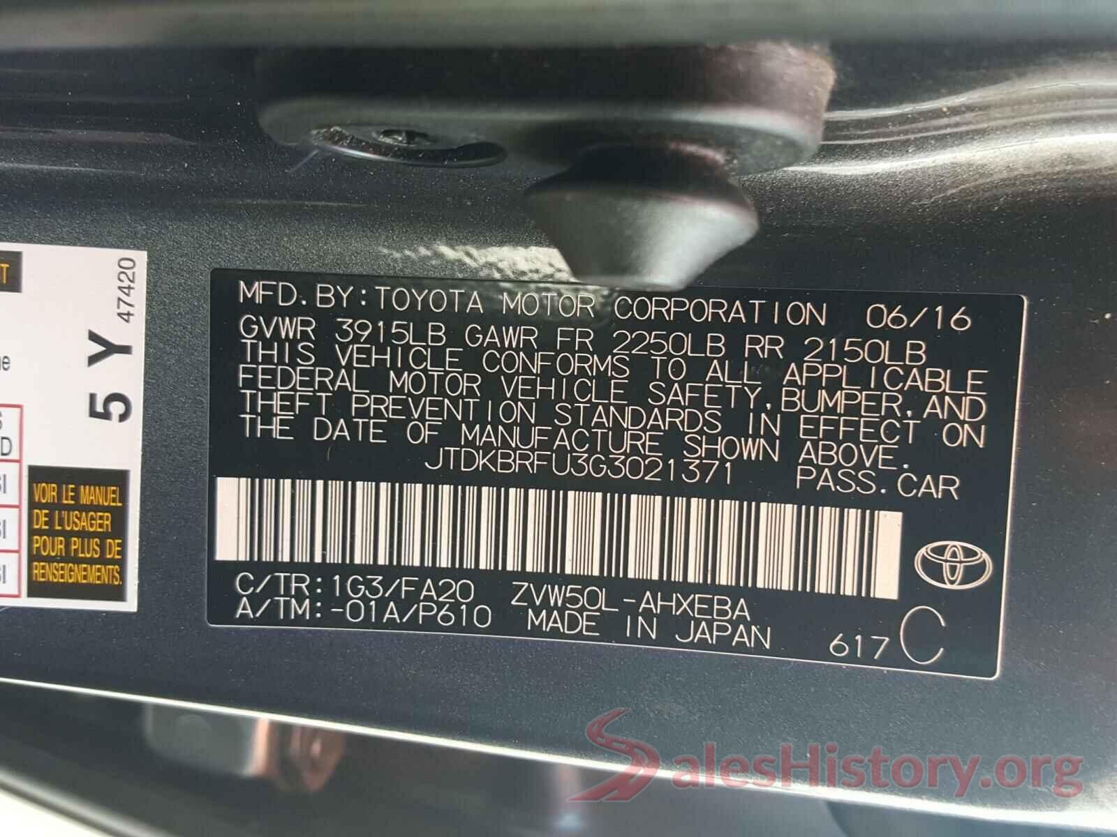 JTDKBRFU3G3021371 2016 TOYOTA PRIUS