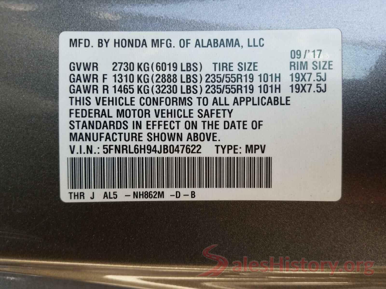 5FNRL6H94JB047622 2018 HONDA ODYSSEY