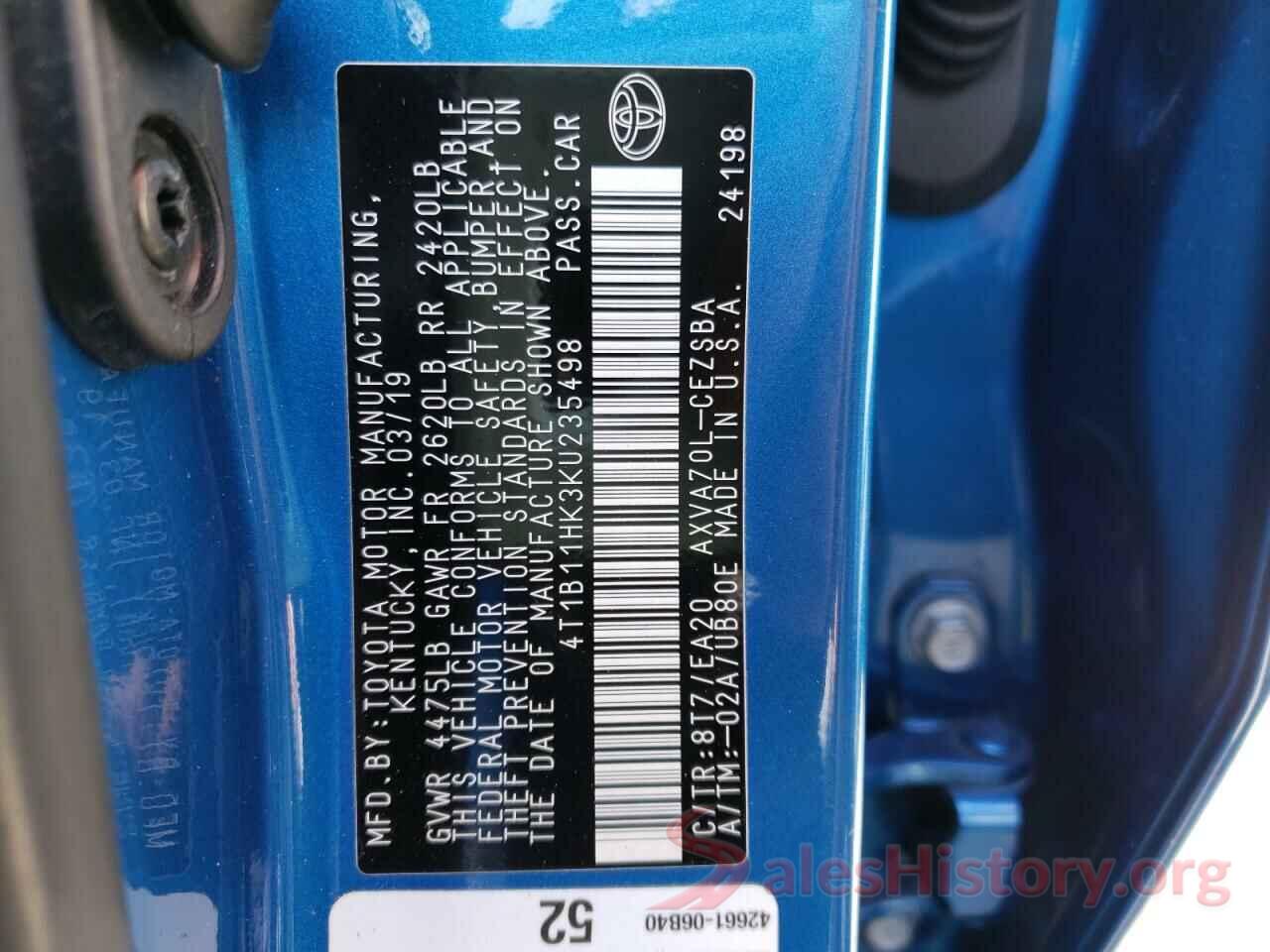 4T1B11HK3KU235498 2019 TOYOTA CAMRY